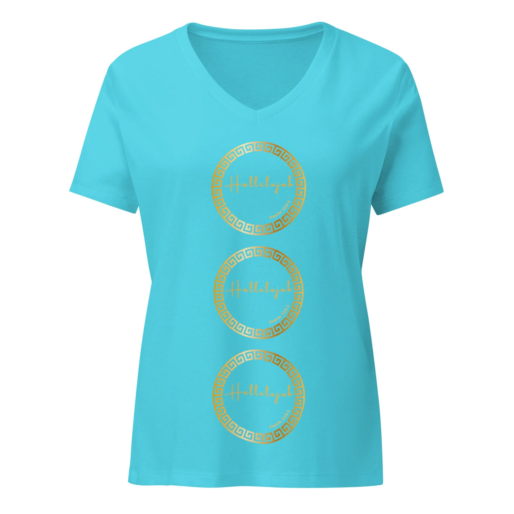Hallelujah turquoise blue, relaxed fit women’s Christian t-shirt with 3 vertical gold circles