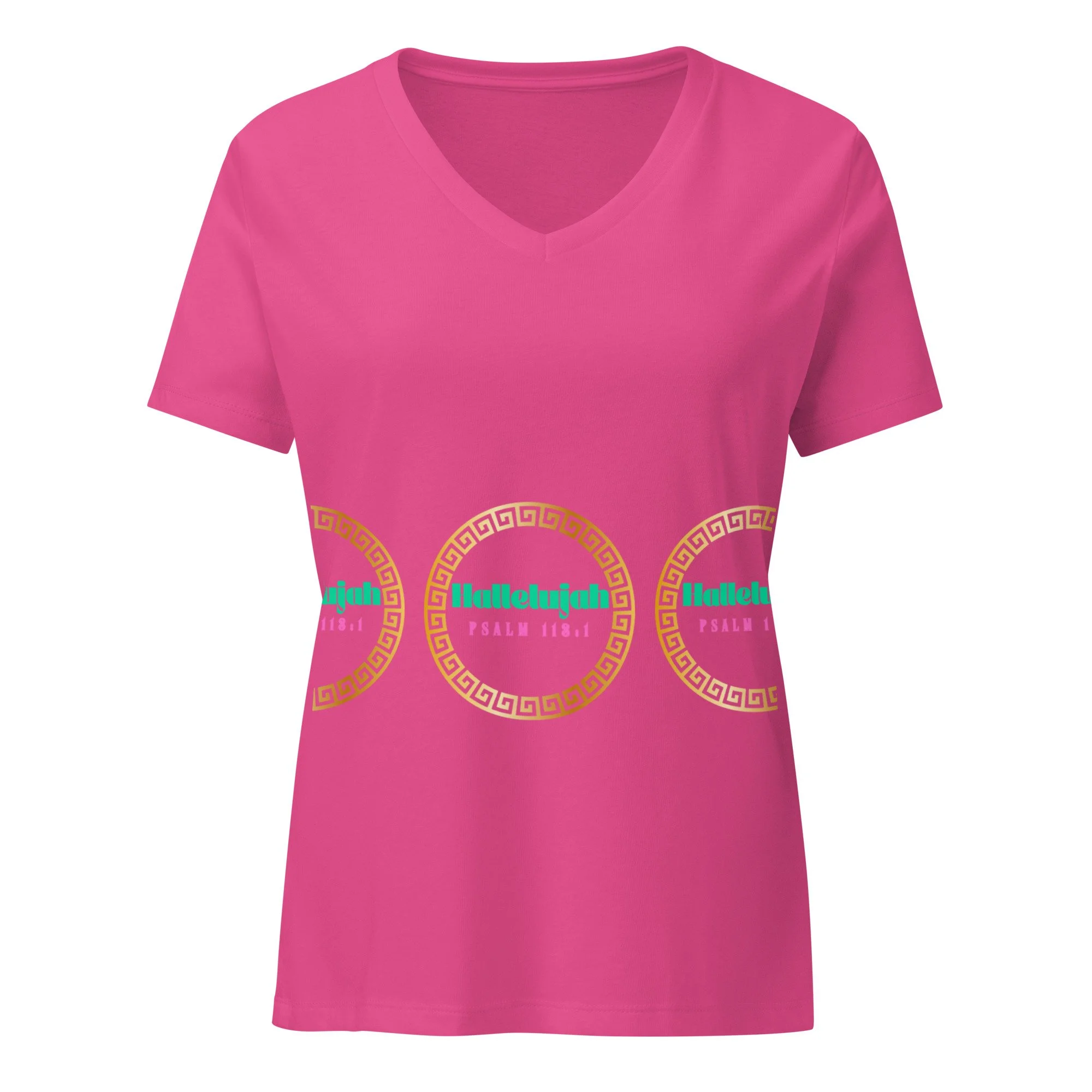 Hallelujah 113:1, women’s pink v-neck t-shirt with gold frame and green and pink letters.