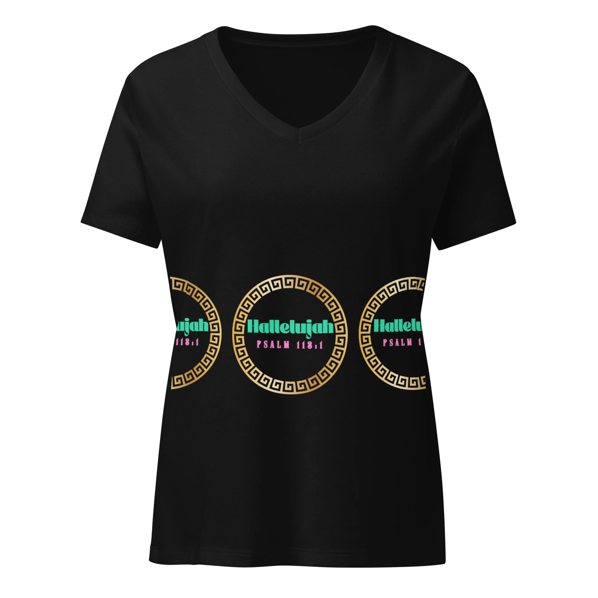 Hallelujah 113:1, women’s black v-neck t-shirt with gold frame and green and pink letters.