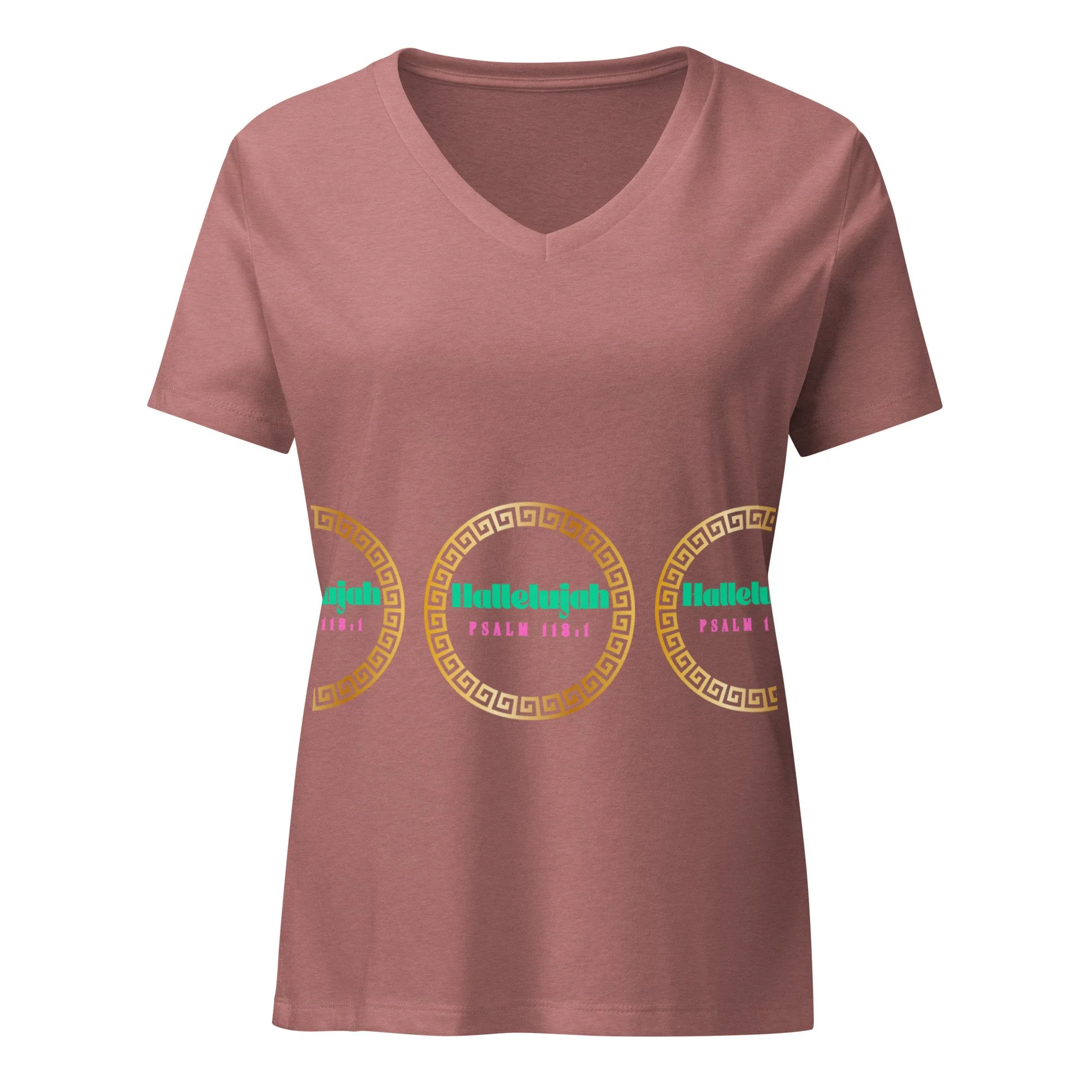 Hallelujah 113:1, women’s mauve v-neck t-shirt with gold frame and green and pink letters.