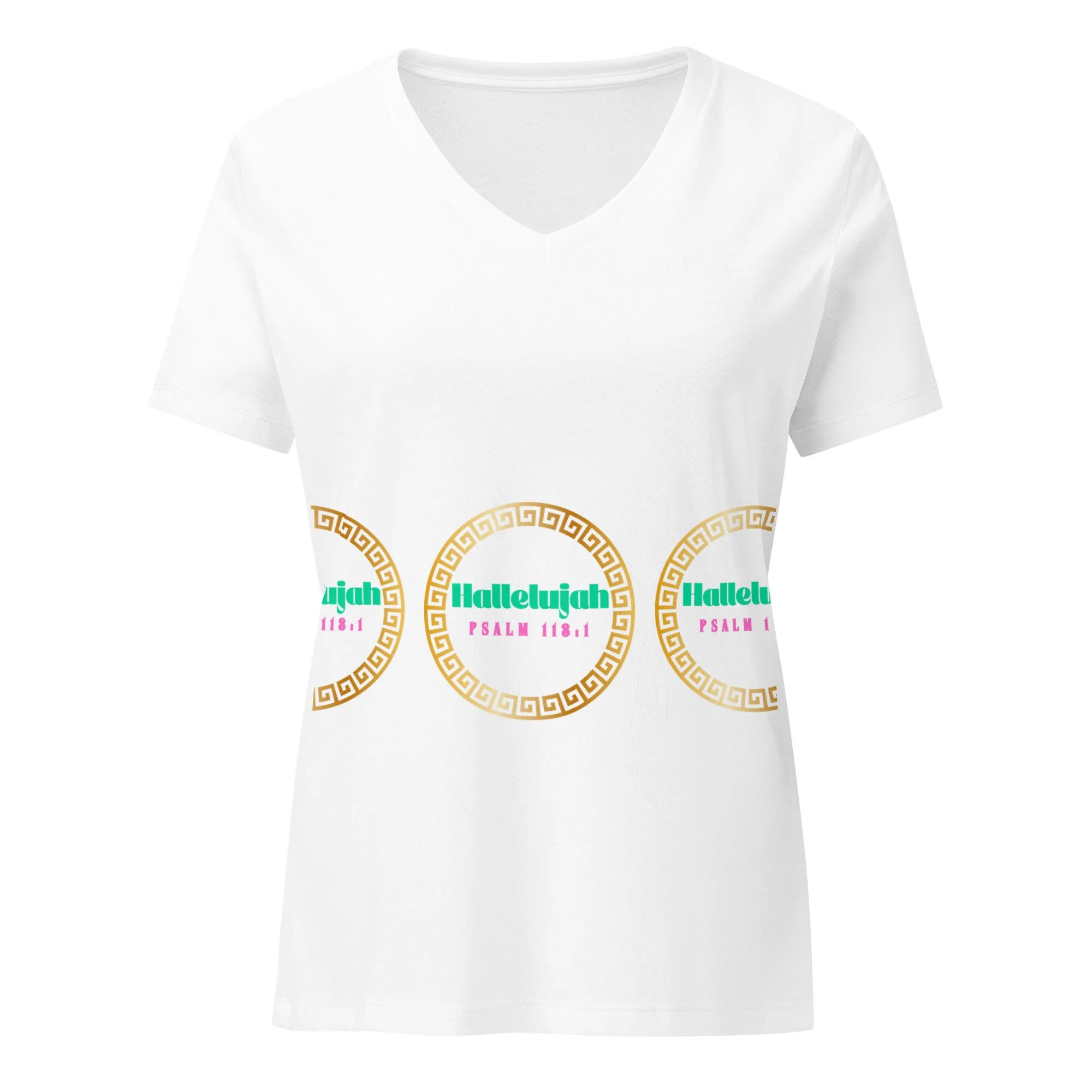 Hallelujah 113:1, women’s white v-neck t-shirt with gold frame and green and pink letters.