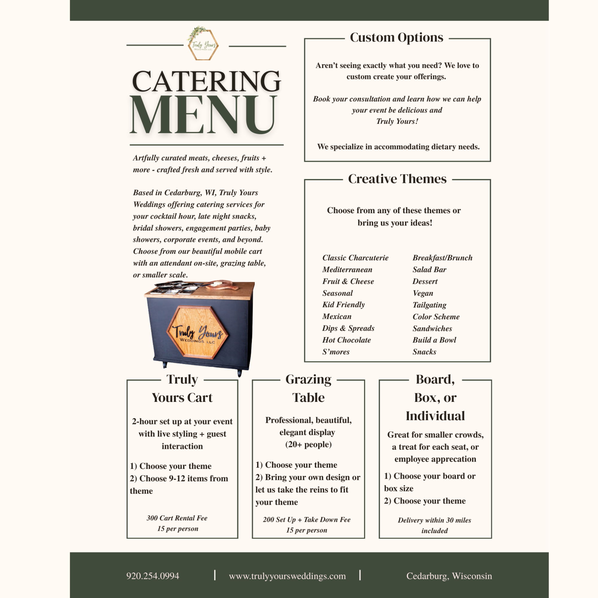 Catering menu from Truly Yours Weddings LLC in Cedarburg, Wisconsin, featuring custom options, creative themes, grazing tables, and different catering styles like cart, board, box, or individual packages, with a photo of their mobile cart.