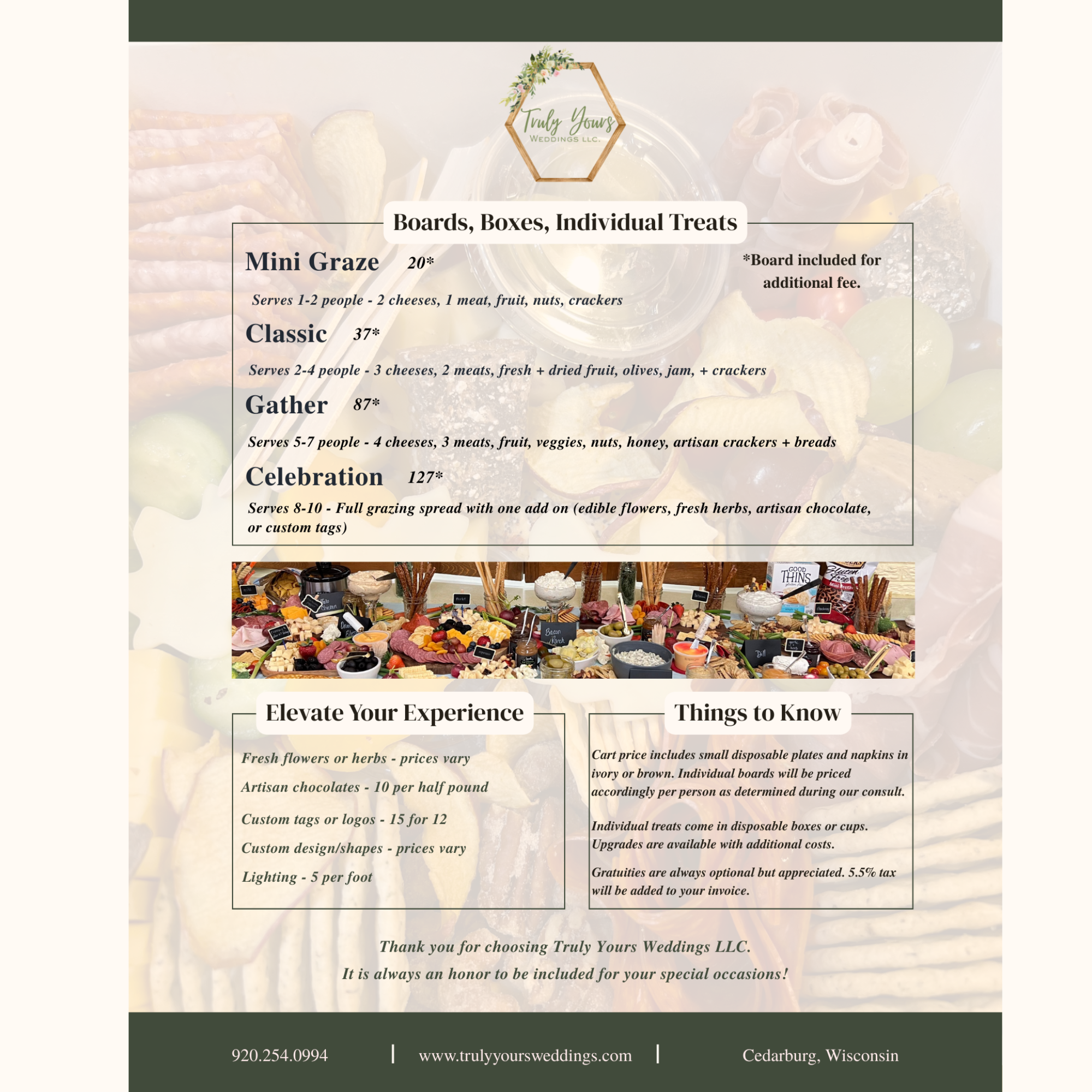 Menu for Truly Yours Weddings LLC featuring boards, boxes, and individual treats with options named Mini Graze, Classic, Gather, and Celebration, along with an image of a buffet table with various foods and decor.