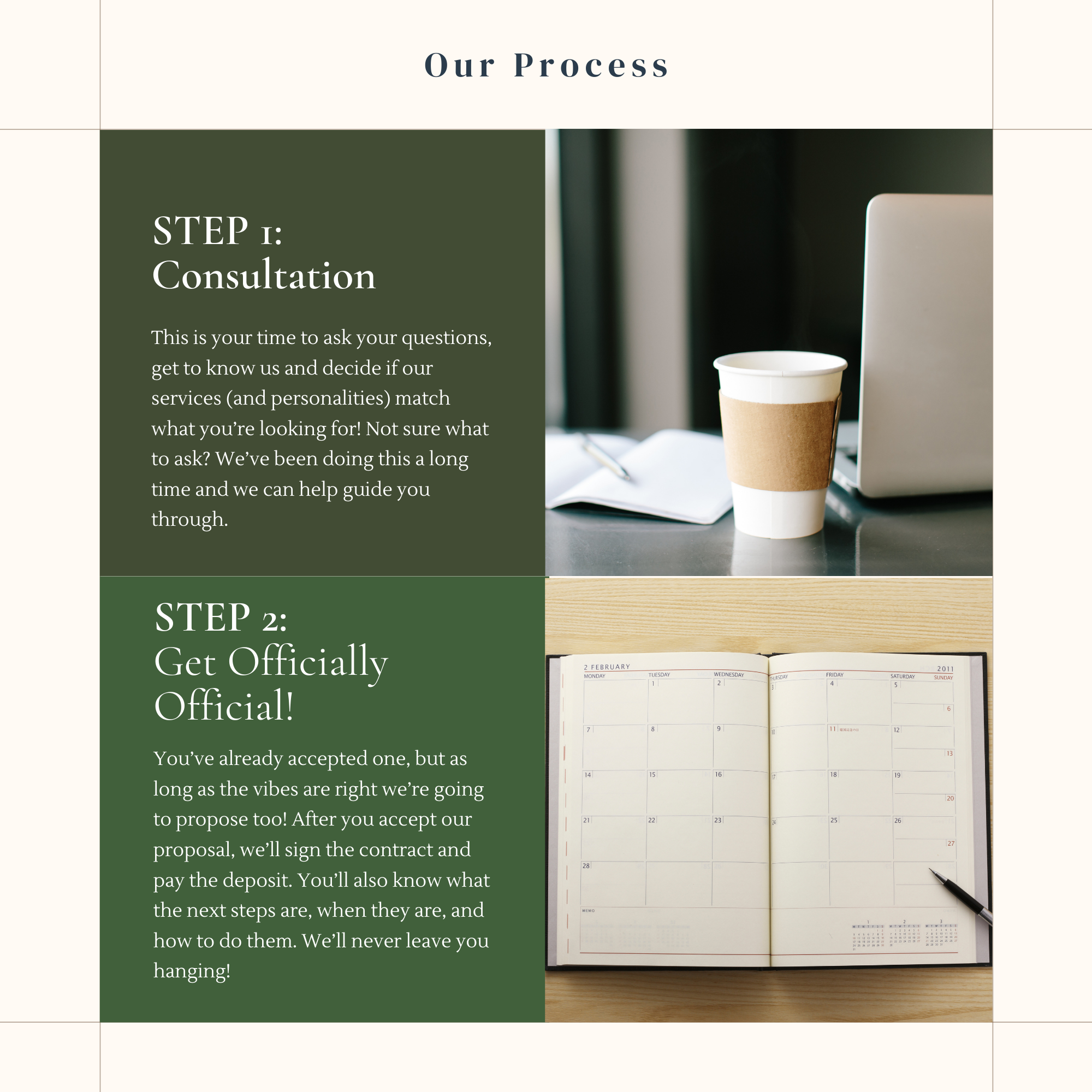 An informational graphic titled 'Our Process' detailing two steps: Step 1, Consultation, with a photo of a coffee cup, laptop, and notepad; Step 2, Get Officially Official, with a photo of an open calendar planner, a pen, on a wooden desk.