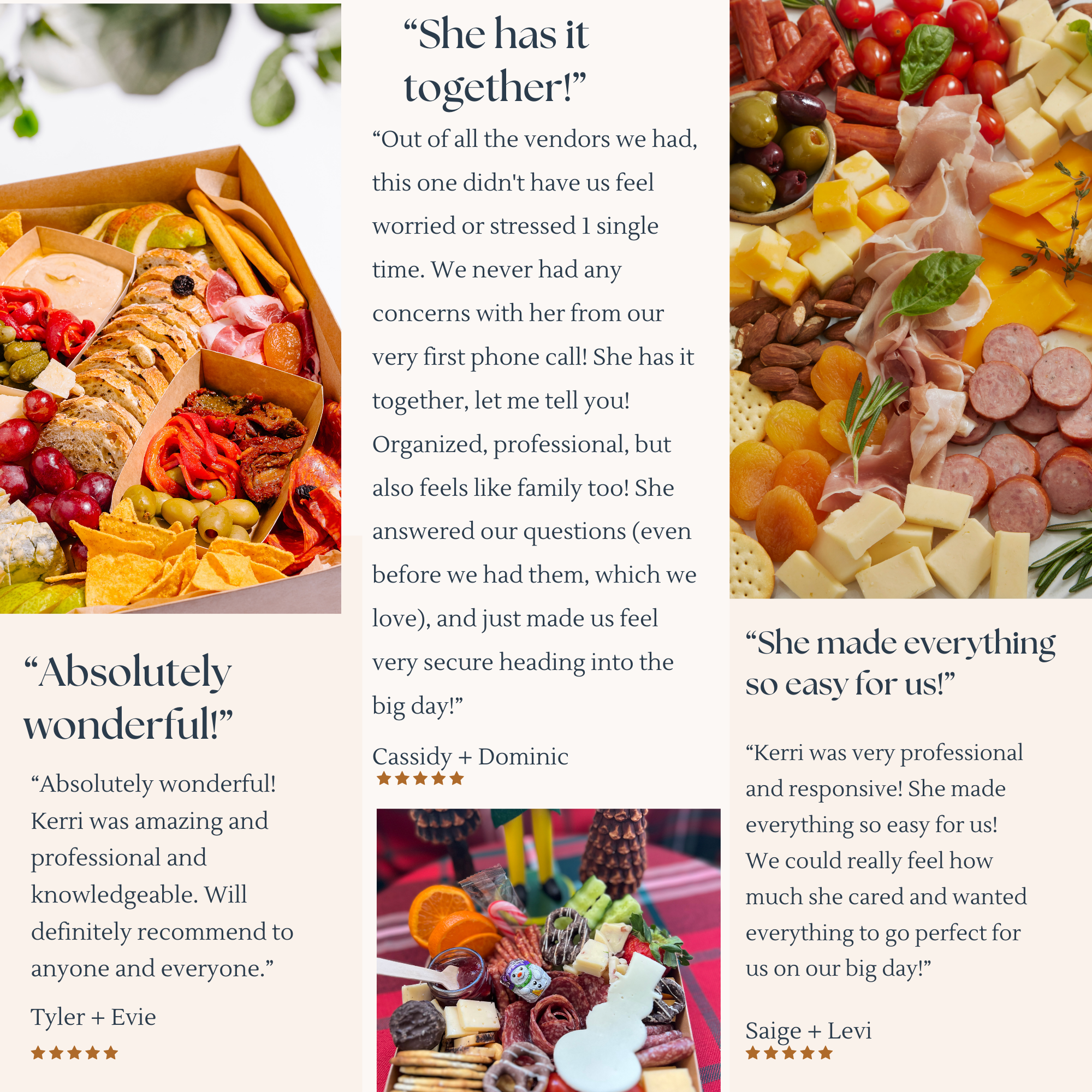 Collage of three images of food and customer reviews. The top left image shows a tray of assorted party foods including chips, dips, grapes, and crackers. The top right image displays a charcuterie board with cheeses, meats, olives, and cherry tomatoes. The bottom image features a festive platter with chocolates, candies, and snacks. Overlaid are three customer testimonial quotes praising event planning and food services.