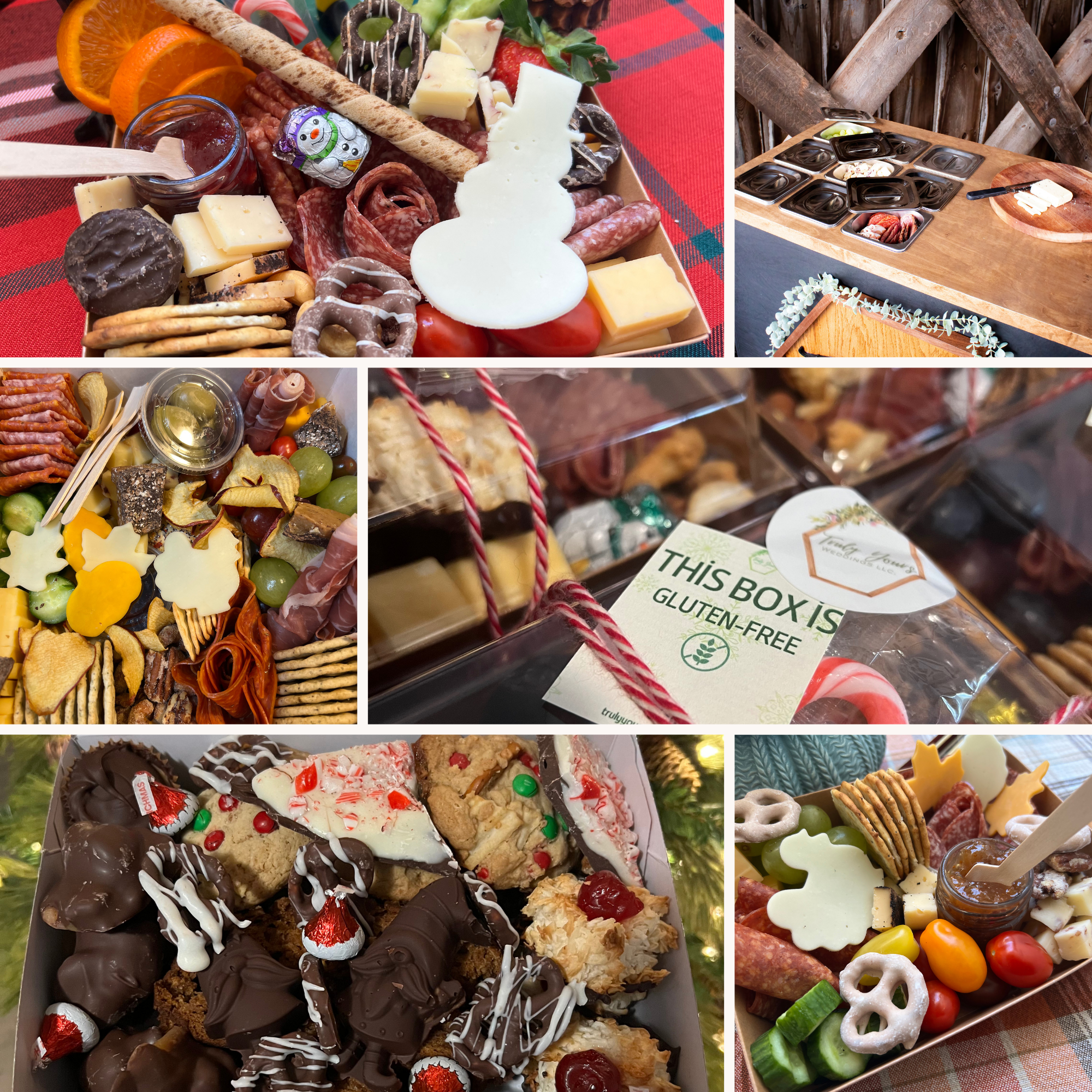 A festive holiday setup with assorted cheese, meats, crackers, fruits, candies, and miniature chocolates displayed on various plates and trays.