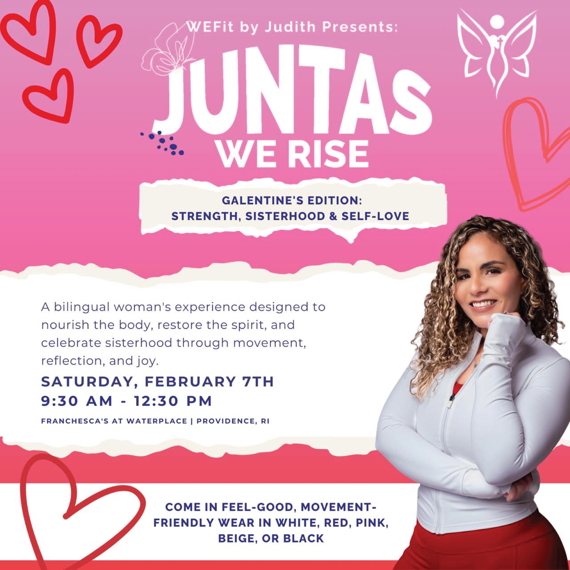 Pink and white flyer promoting a women’s movement event called 'Juntas We Rise,' presented by WEFit by Judith. Features a smiling woman with curly hair in athletic attire, with hearts and fairy-like graphics, details about the event date, time, location, and dress code.