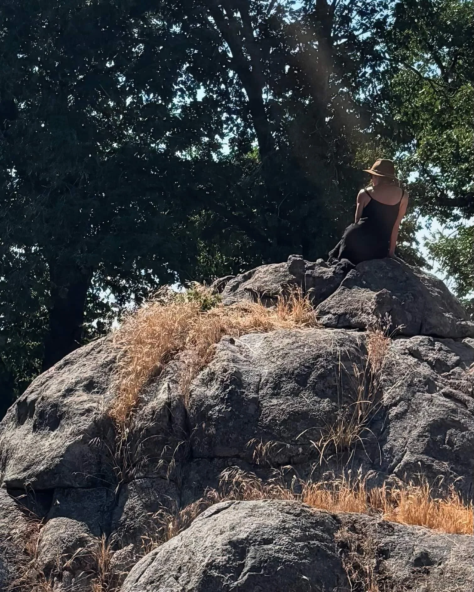 A woman wearing a black dress and a wide-brimmed hat sitting on a rocky outcrop, with trees and sunlight in the background.