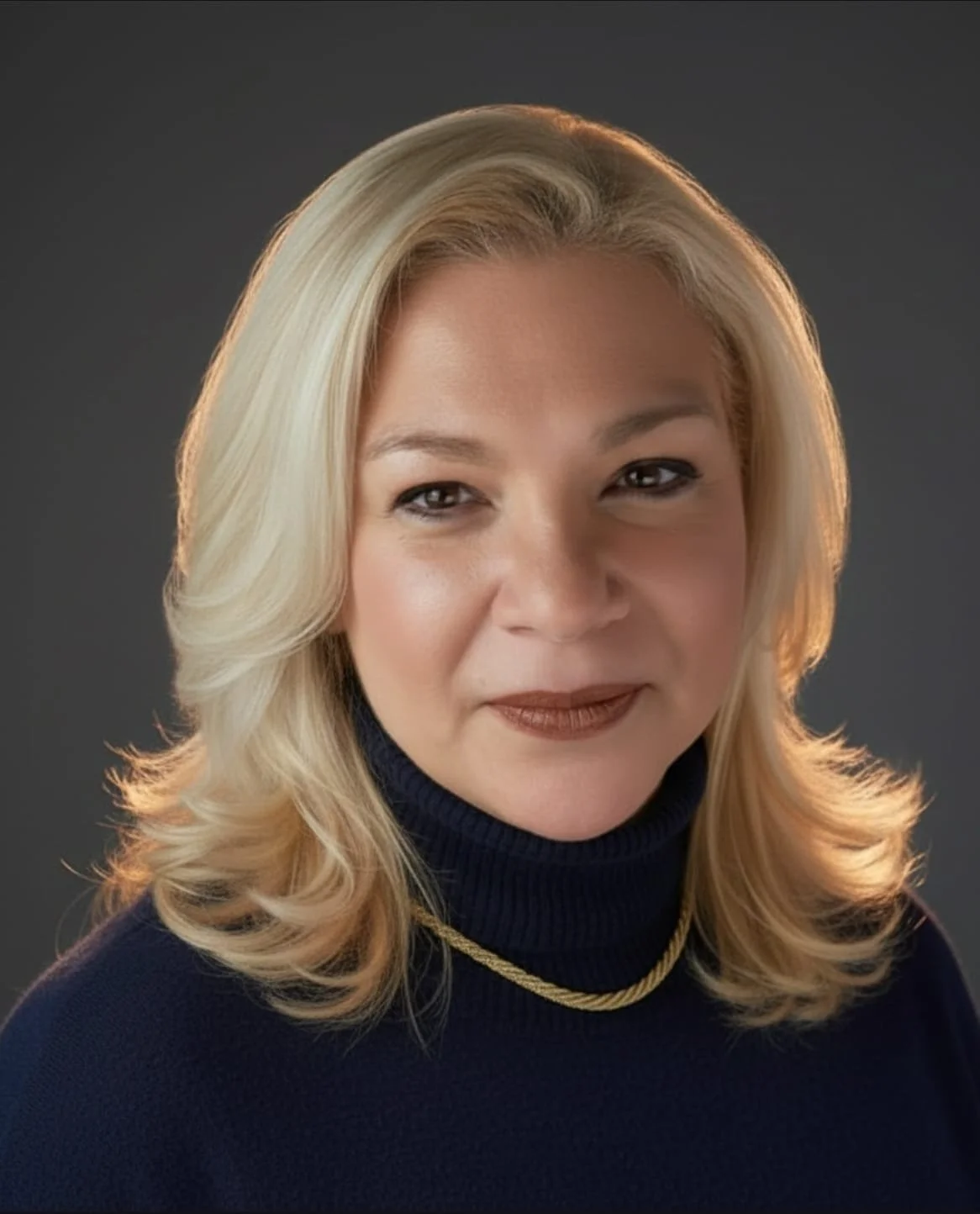 Retrato de una mujer con cabello rubio, vestido azul y collar dorado, sonriendo frente a un fondo gris.