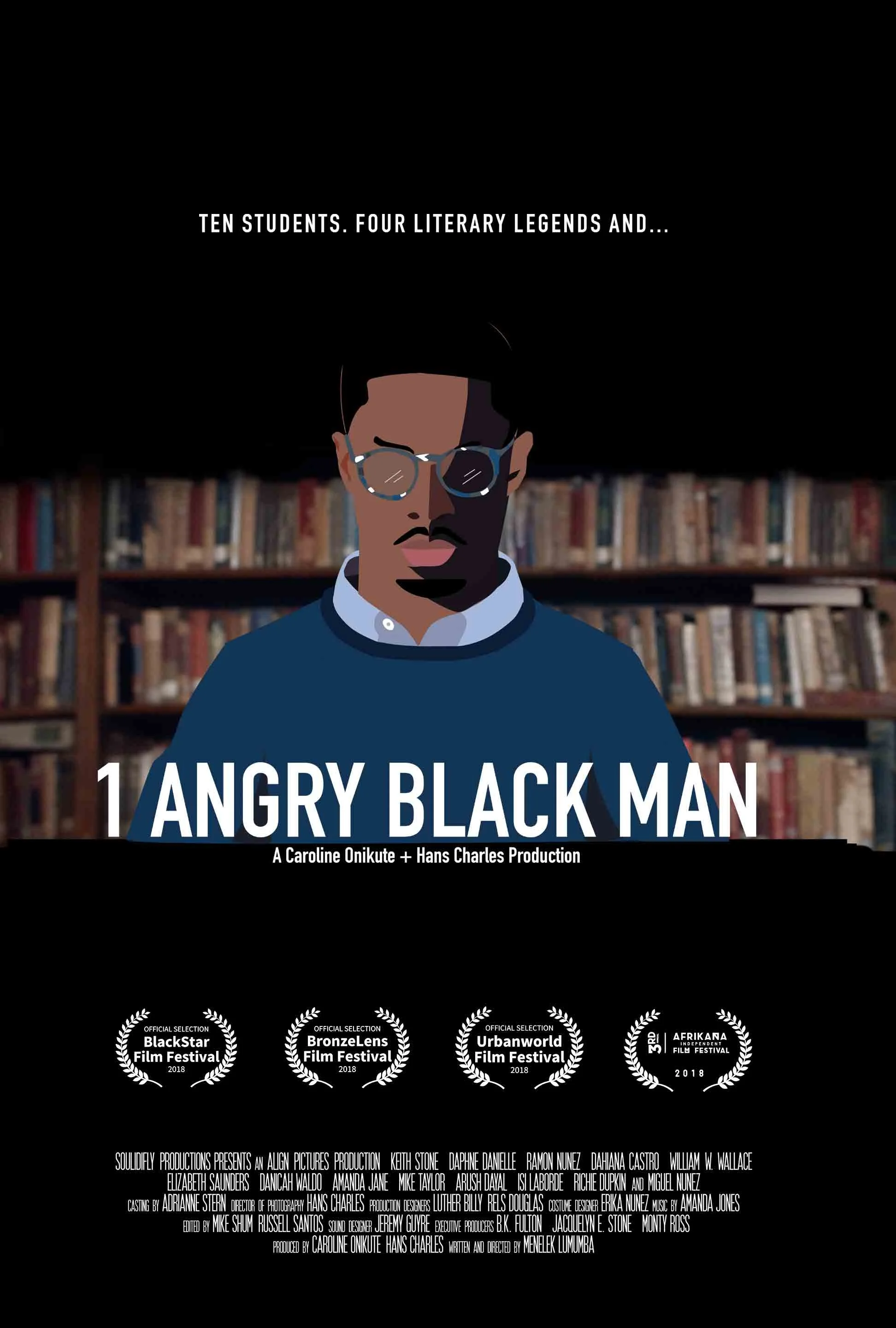 Poster for the documentary 'Angry Black Man' featuring an illustrated portrait of a young Black man wearing glasses, with a background of bookshelves, and text indicating awards and production credits.