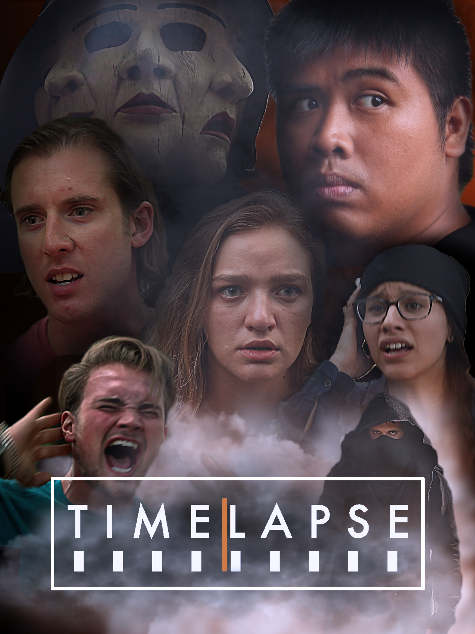 A collage of people showing emotions, a masked figure, and a logo with the text 'TimeLapse' at the bottom.