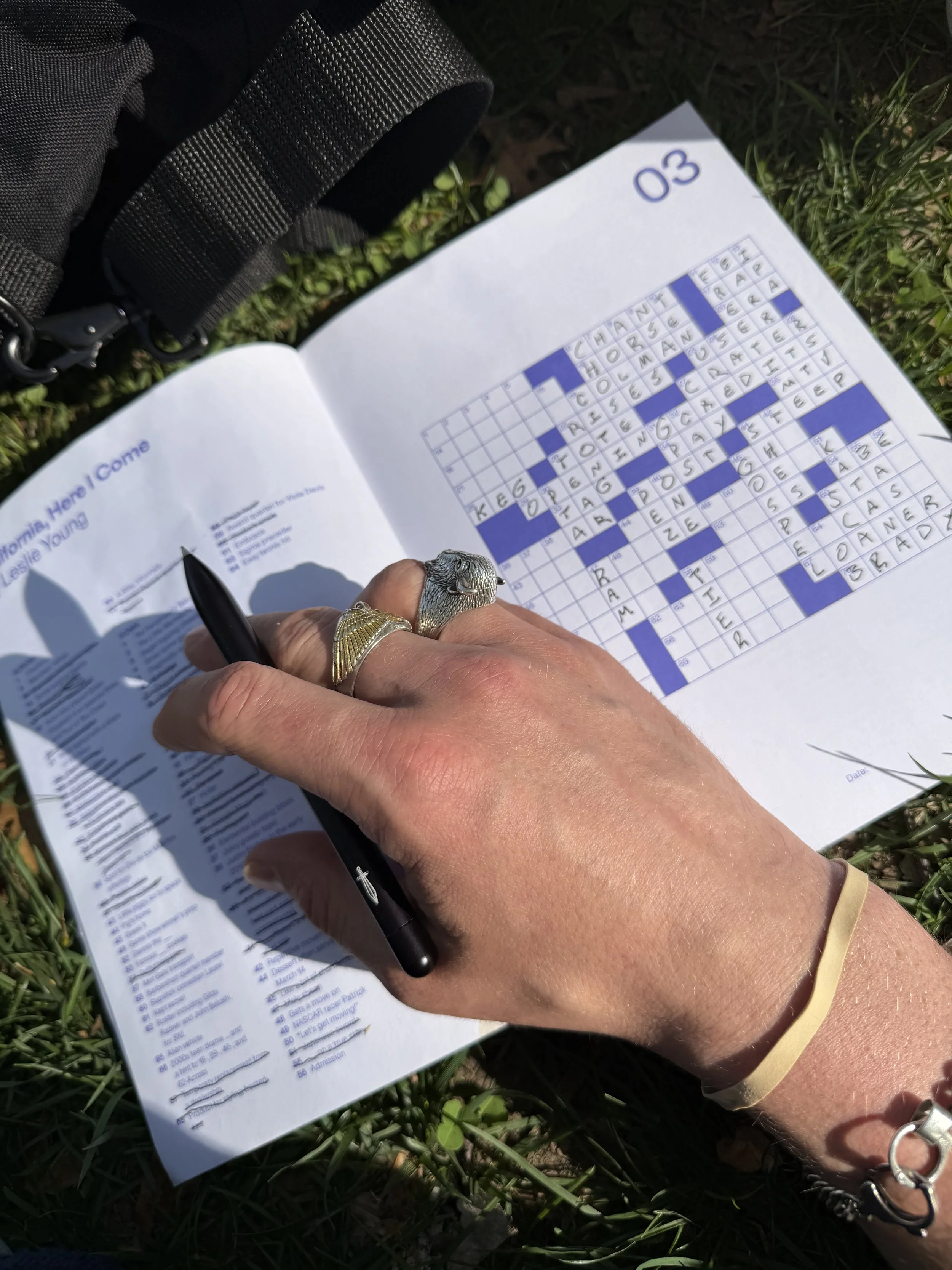 A person with a gold ring and bracelet is holding a black pen and writing on a crossword puzzle in a magazine or newspaper, which is placed on the grass outside.