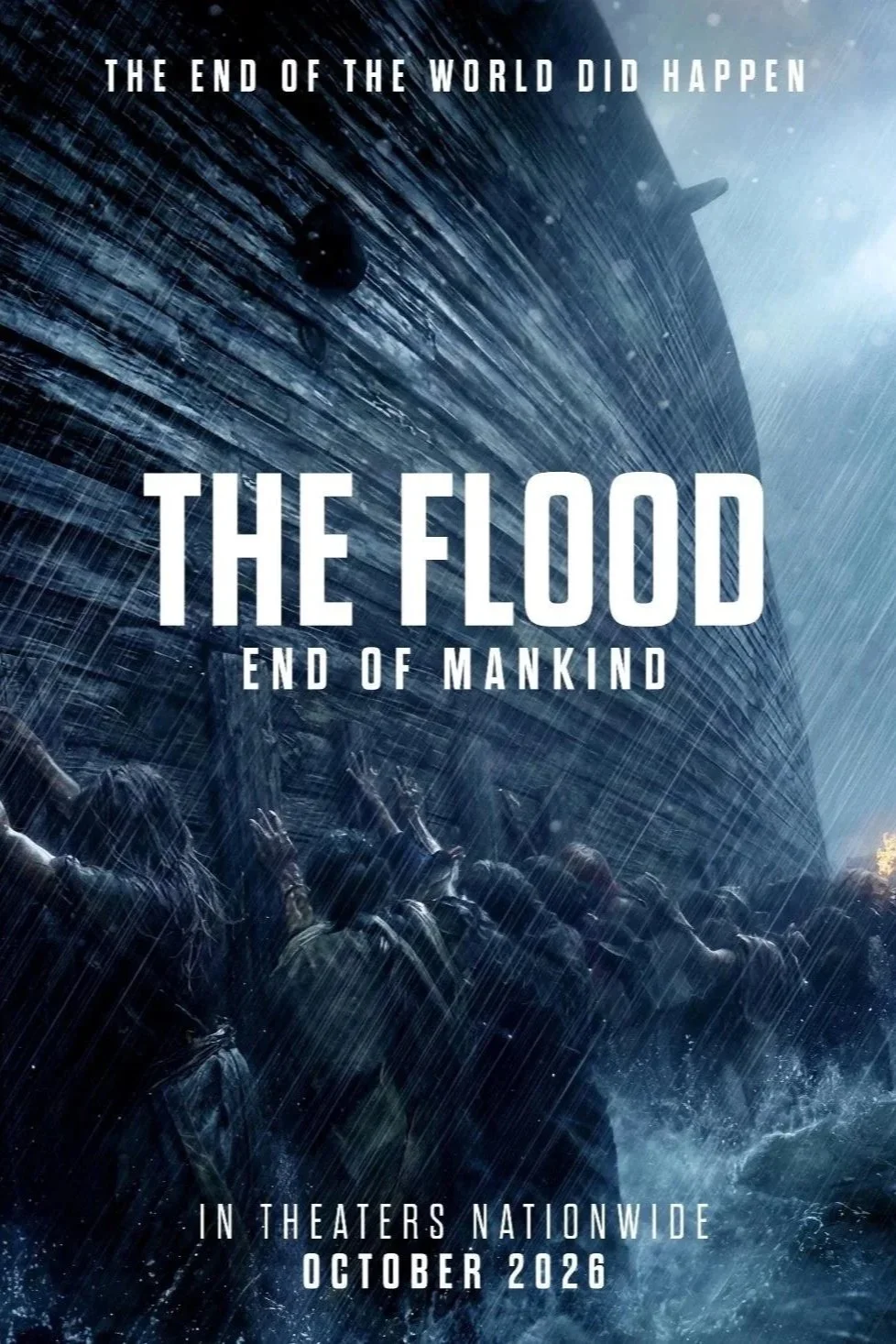 Movie poster for 'The Flood: End of Mankind,' showing a sinking ship with a crowd of people at the bottom amidst heavy rain, with text indicating its release in October 2026.