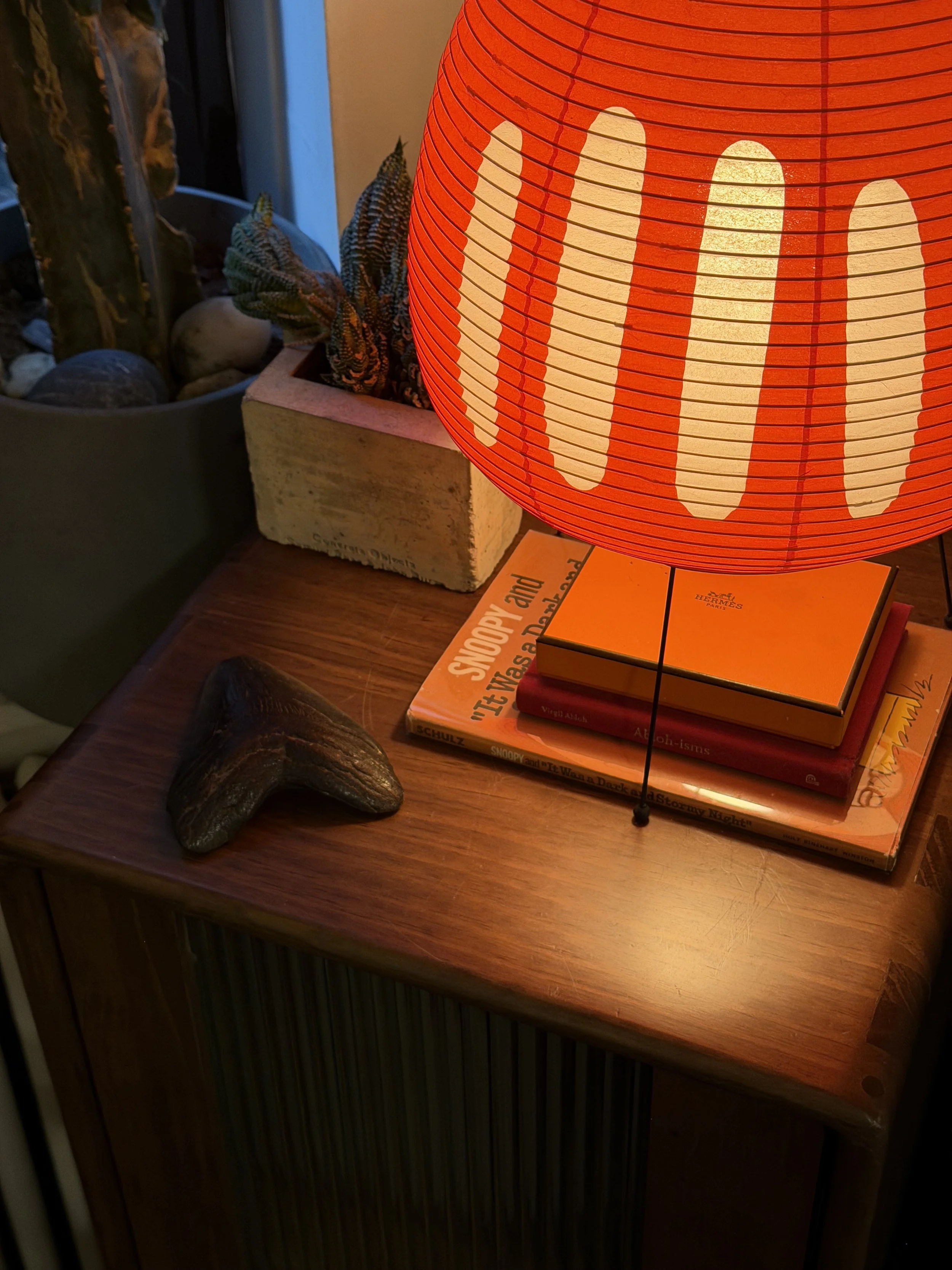 A wooden table with a red paper lantern, a stack of books underneath, a small potted plant, and a decorative piece resembling a horn or antler. The books include titles like "Snoopy and the Red Baron" and "Alcoholism."