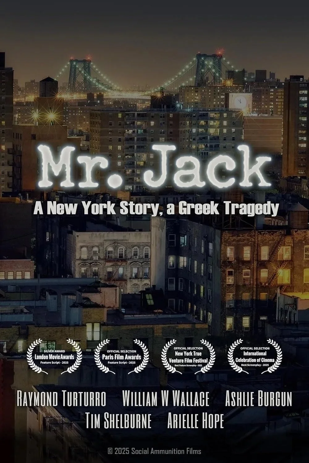 Nighttime cityscape of New York City with illuminated buildings and the Brooklyn Bridge in the background. Overlayed text reads "Mr. Jack" and "A New York Story, a Greek Tragedy."