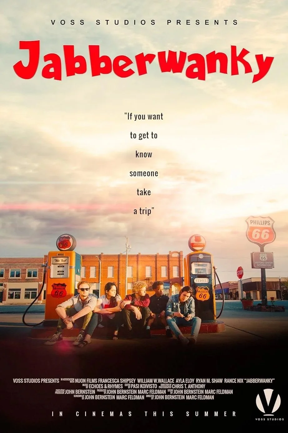 A promotional poster for the movie 'Jabberwocky' showing five teenagers sitting at vintage Phillips 66 gas station pumps during sunset with a brick building in the background.