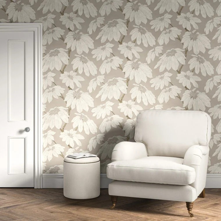Floral wallpaper showing a half-drop pattern match