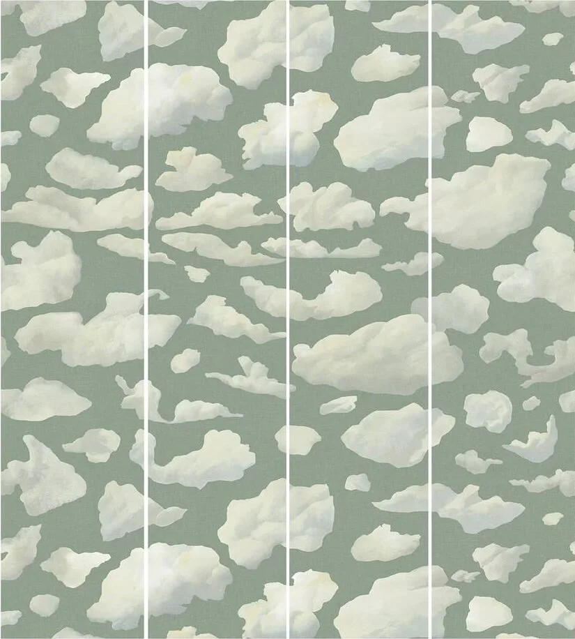 Straight matched wallpaper of clouds on sage green background