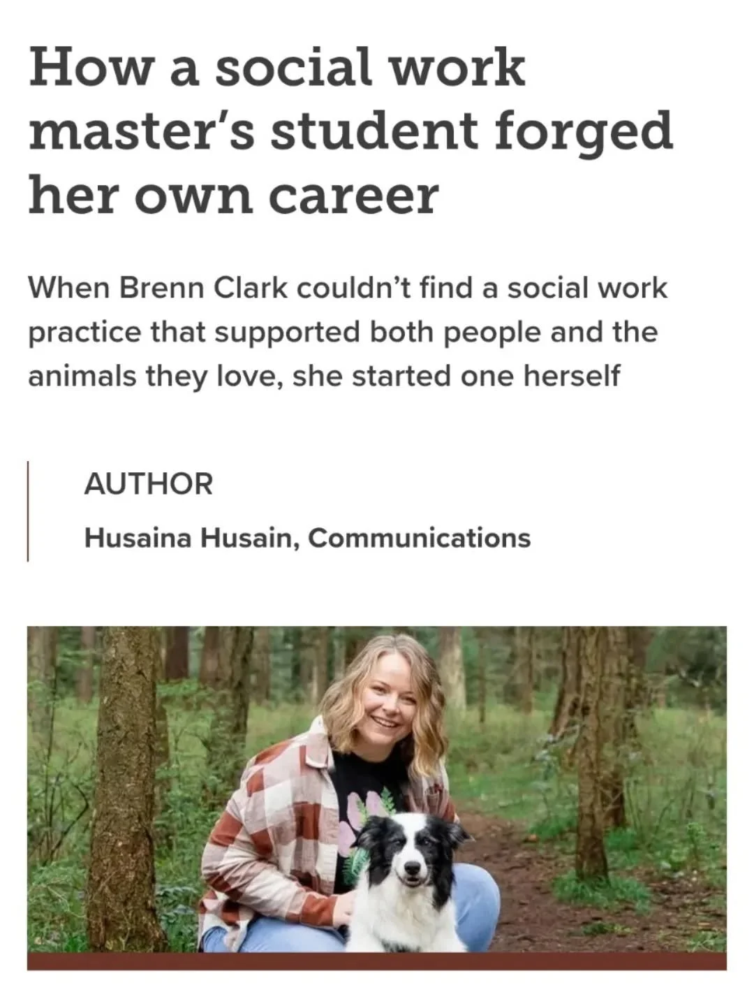 Thanks to @ucalgary for being open to sharing my story! My navigation through the world of animal care to social work has been an engaging and intentional one. 

I'm both thrilled and heart-warmed to be merging my worlds in a meaningful way, and supp