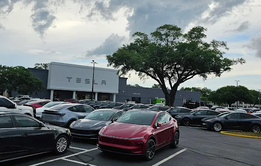 DST offering Tesla Pensacola dealership with parked cars, a large tree, and a partly cloudy sky.