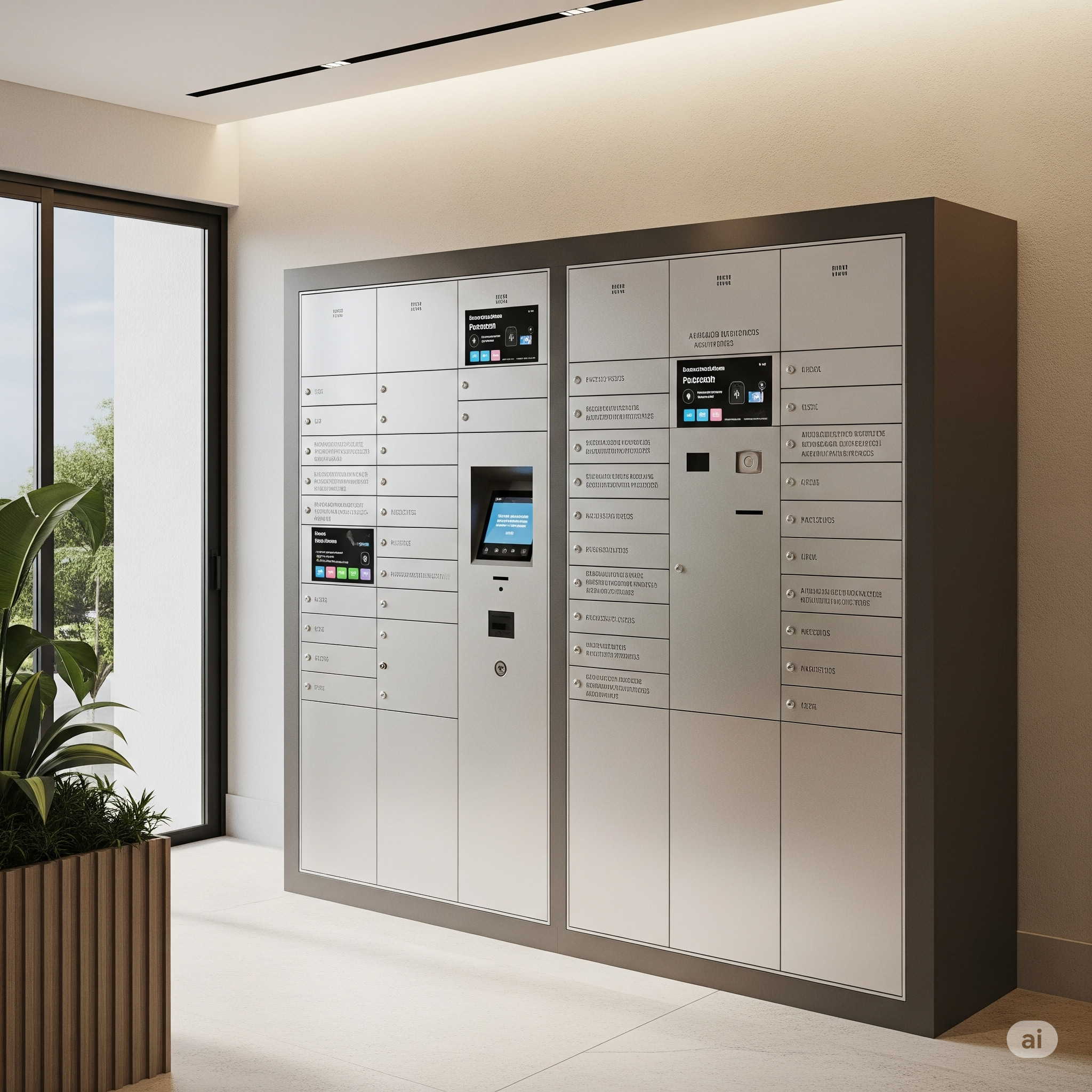 Sala moderna com lockers, painel de controle digital e janela ao lado com vista para árvores.