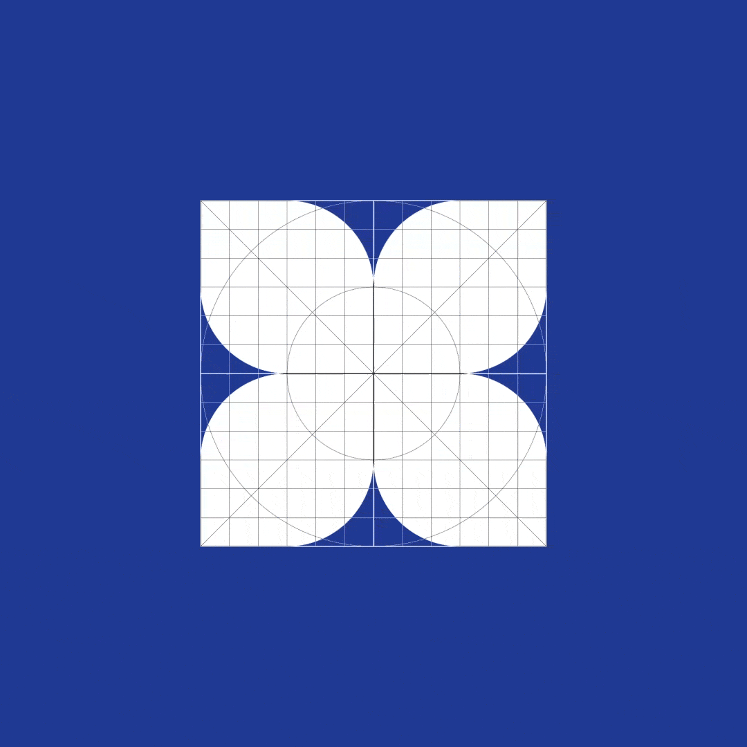 A series of abstract geometric symbols on a solid blue background, with construction lines and grid visible.