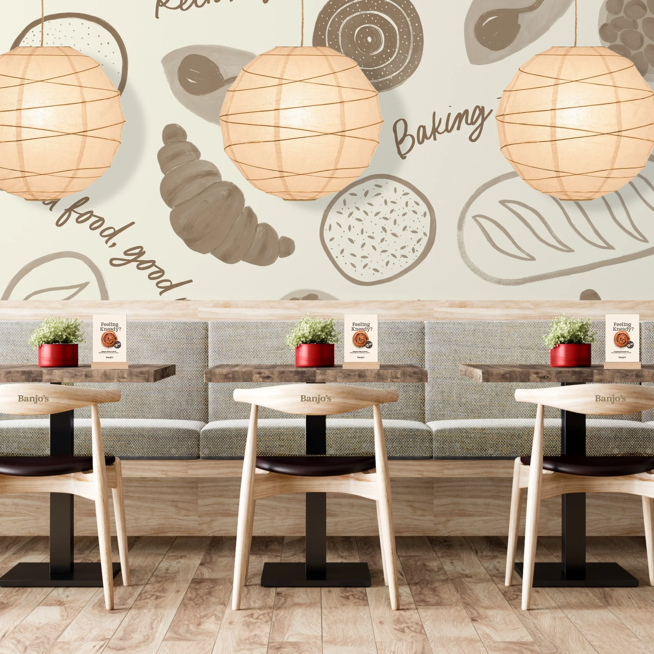 Banjo's Bakery interior with illustrative feature wall