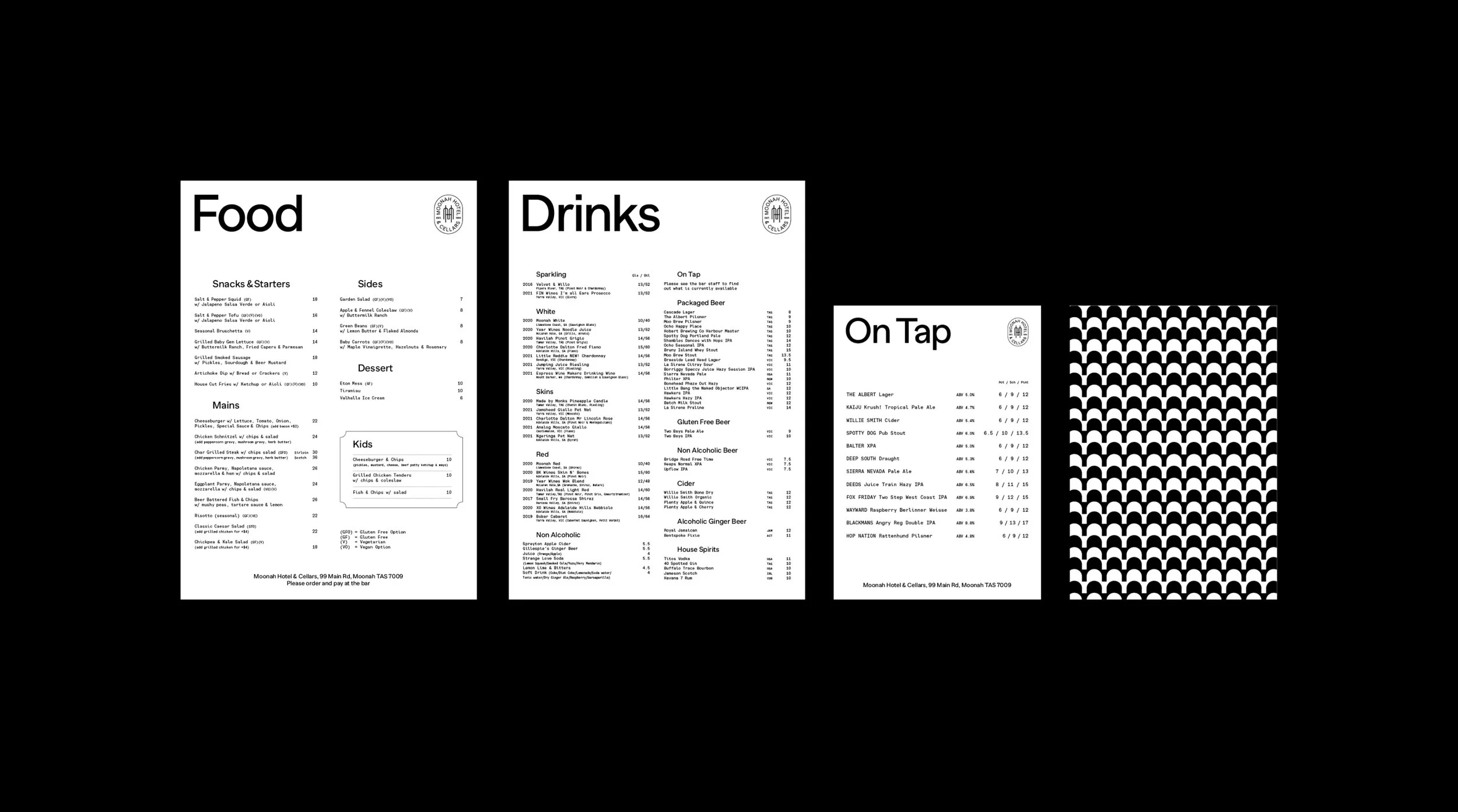 Moonah Hotel and Cellars food and drink menus