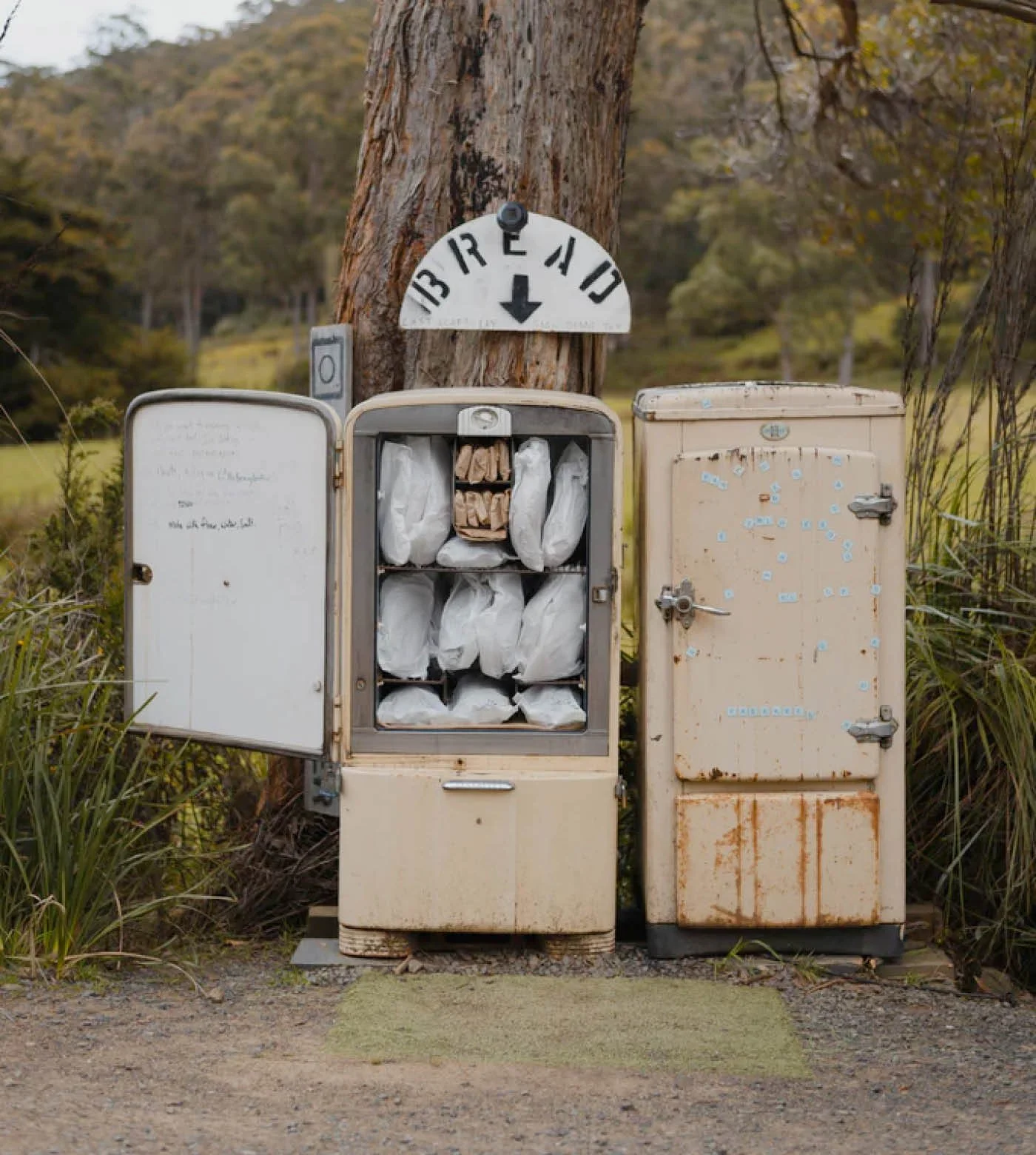 Two old, rusty metal mailboxes stand side by side in an outdoor rural setting with trees in the background. The mailbox on the left is open and filled with white wrapped packages and paper, while the one on the right is closed. A weathered white street sign with the word "Brew" and an arrow points downward above the mailboxes. The ground is a mixture of grass and dirt.