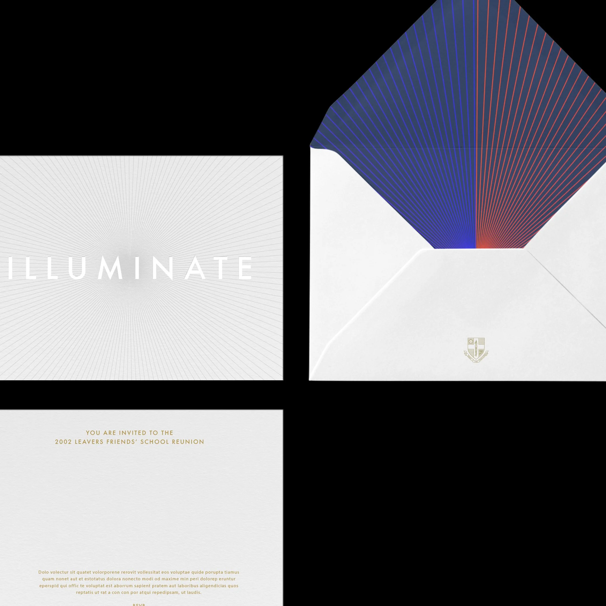 Invitation to the 2002 Leavers Friends' School Reunion with a black background and geometric lines in a diamond shape, the left side with white and gray lines and the right side with red and blue lines.