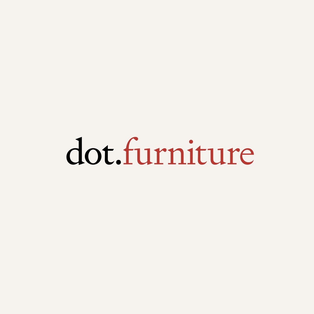 Dot furniture logo with black and red text on a beige background