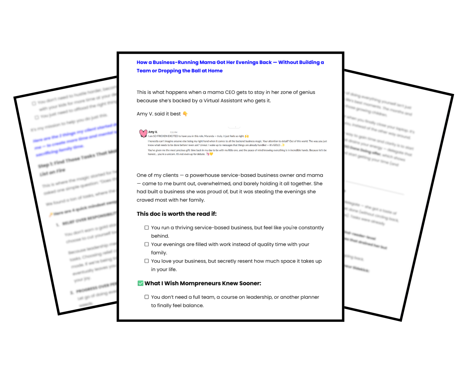 A screenshot of a document titled 'How a Business-Running Mama Got Her Evenings Back — Without Building a Team or Dropping the Ball at Home'. The document contains an introduction about a mama CEO being backed by a Virtual Assistant, a personal story about a client, and a list of considerations for readers, including options with checkboxes and a section called 'What I Wish Mompreneurs Knew Sooner'.