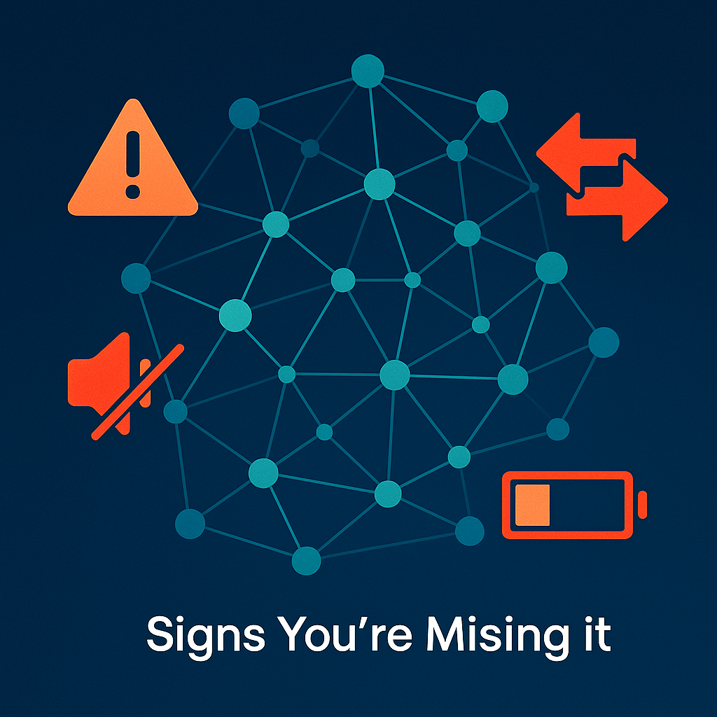Illustration of a network of interconnected nodes with warning and notification icons, including a triangle with an exclamation mark, a muted speaker icon, arrows indicating system flow, and a low battery warning. The text reads 'Signs You're Missing it.'