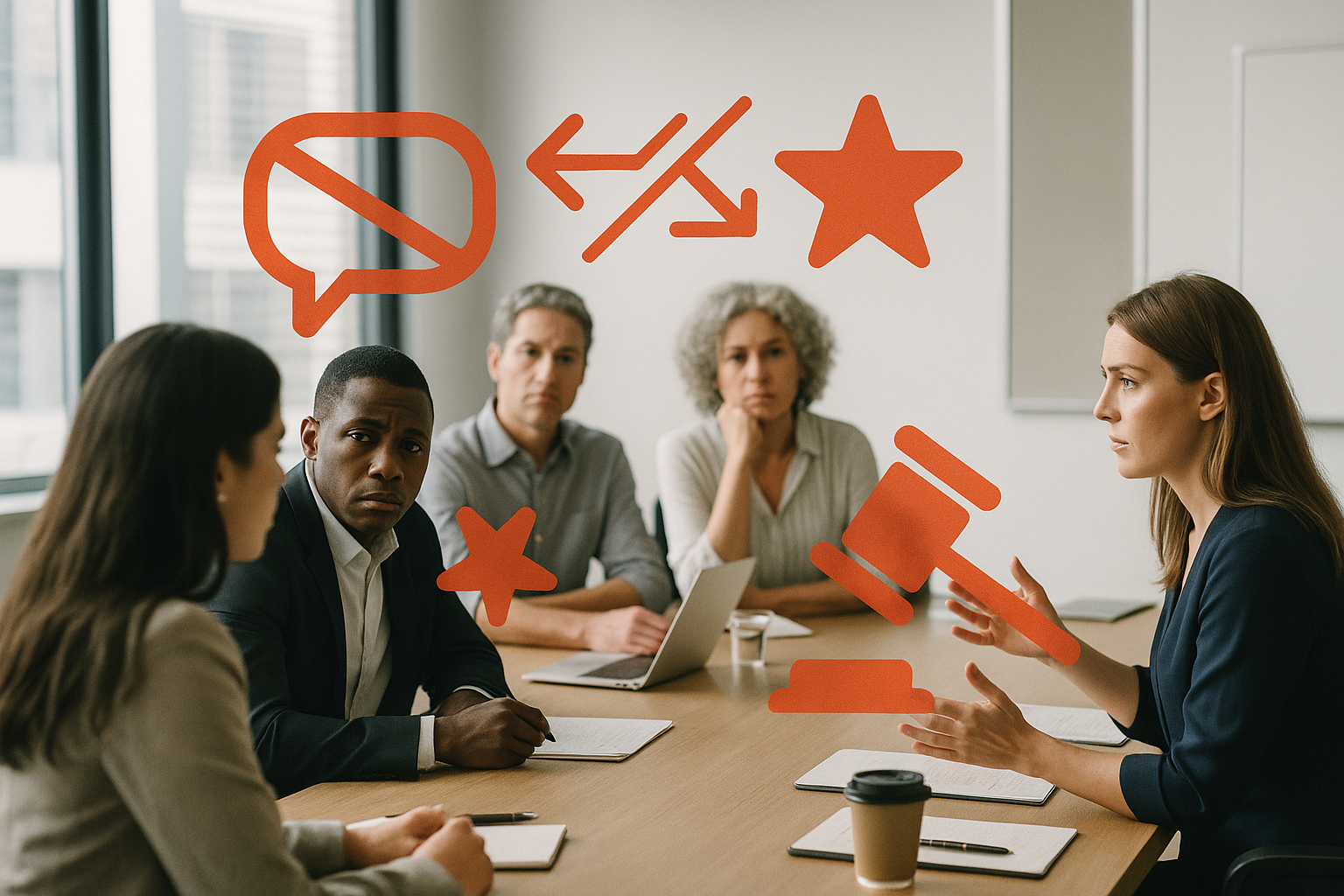 A woman in a dark blazer is speaking to four people seated at a conference table in a meeting room, with icons of speech bubbles, stars, arrows, a gavel, and a star appearing in front of her.