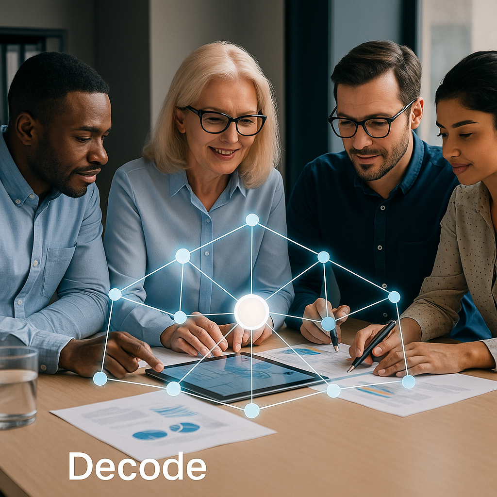 Group of four diverse professionals gathered around a table, looking at documents and a tablet, with a digital graphic overlay of interconnected nodes and the word 'Decode' at the bottom.