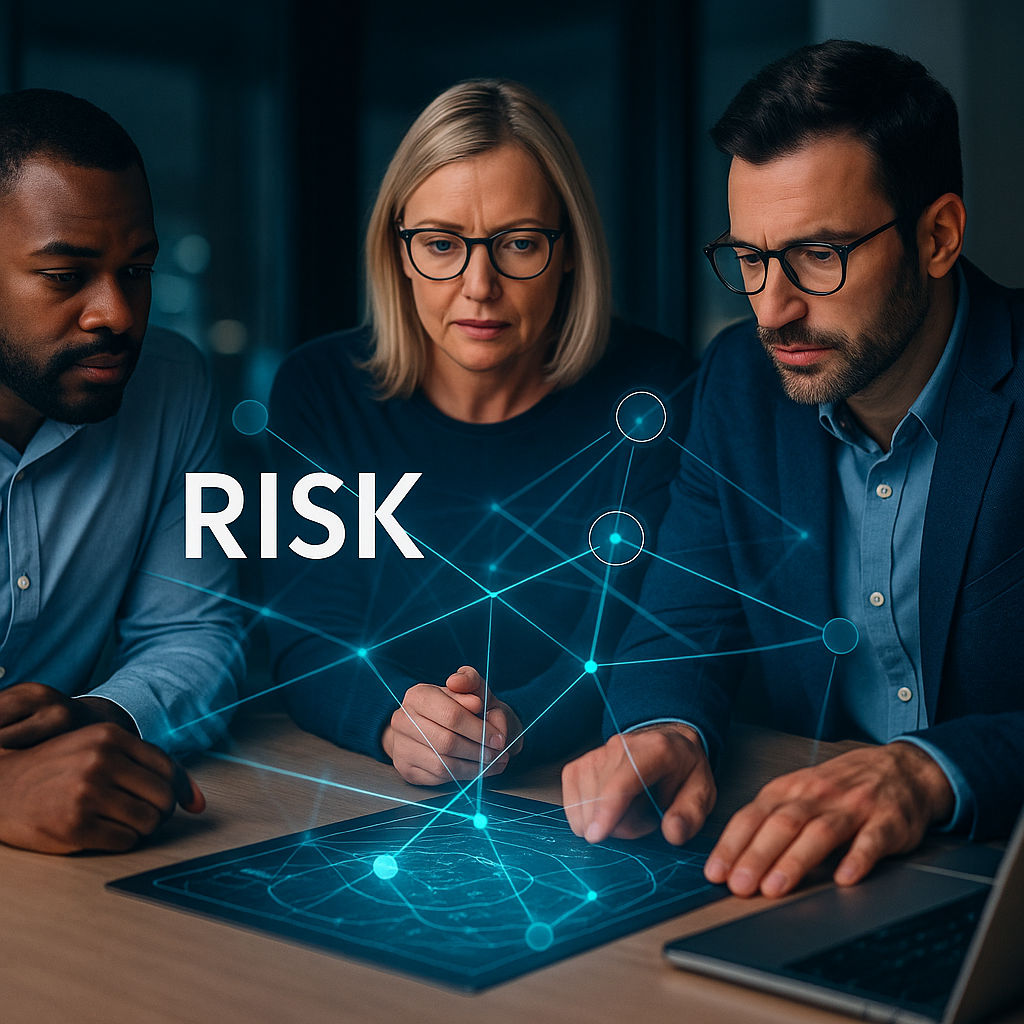 Three professionals in business attire looking at a digital tablet with a holographic network and the word "RISK" overlaid, indicating a discussion about risk management.