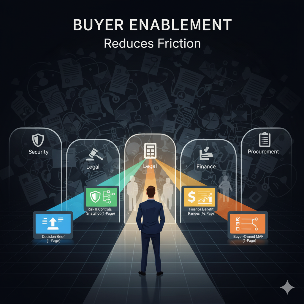 A digital infographic titled 'Buyer Enablement Reduces Friction,' featuring a central figure in a suit standing in front of four pathways labeled 'Security,' 'Legal,' 'Finance,' and 'Procurement.' Each pathway has associated icons and descriptions related to decision brief, risk and controls, finance benefit ranges, and buyer-owned map.