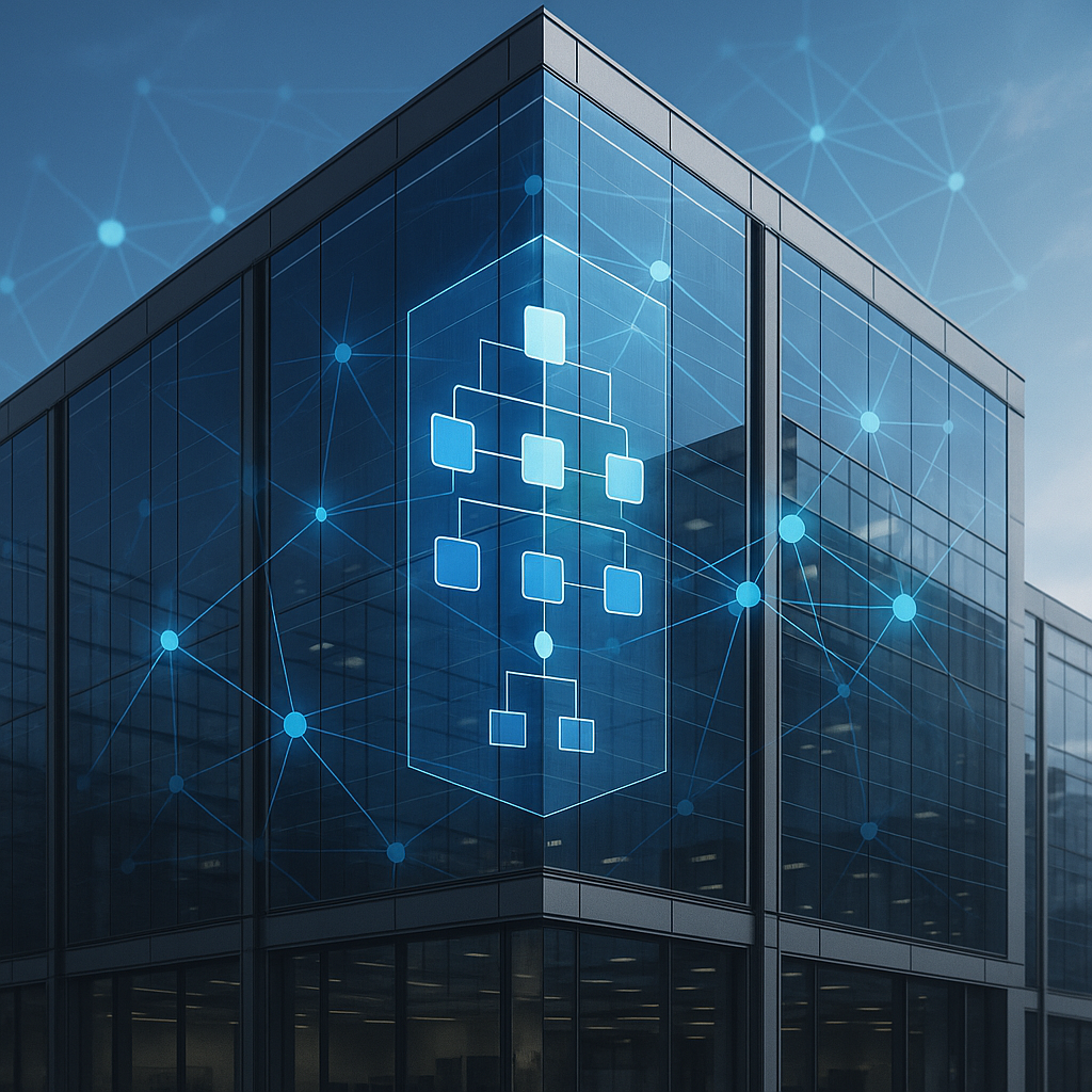 Modern glass office building with digital blockchain graphics and network connections projected on the glass facade.