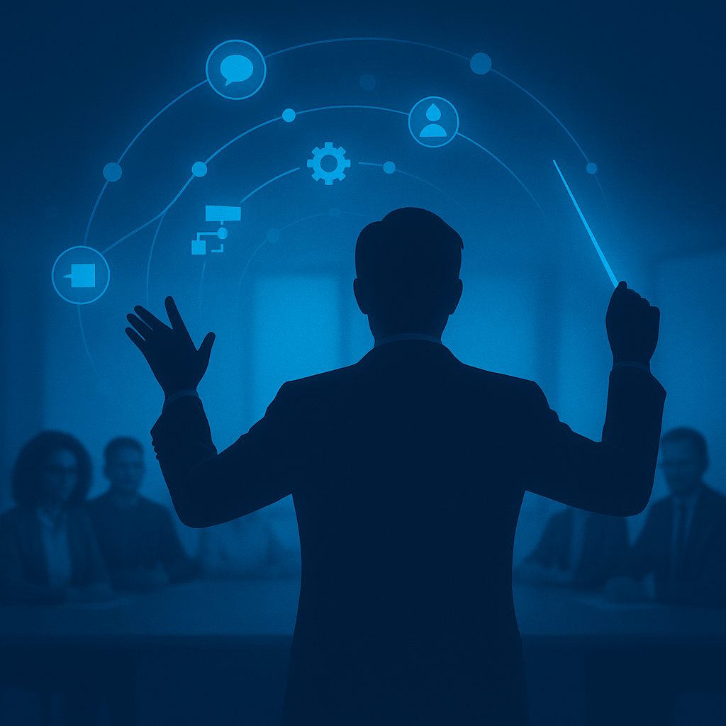 A silhouette of a man in a suit giving a presentation with a digital holographic interface showing icons for chat, user profile, gear settings, and flowchart in front of an audience in a conference room.