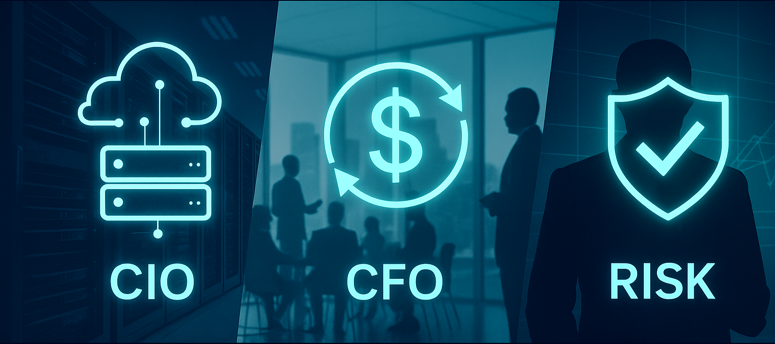 Digital graphics with icons and text representing CIO (cloud computing), CFO (currency and finance), and RISK (security shield), with silhouettes of businesspeople in a meeting room in the background.