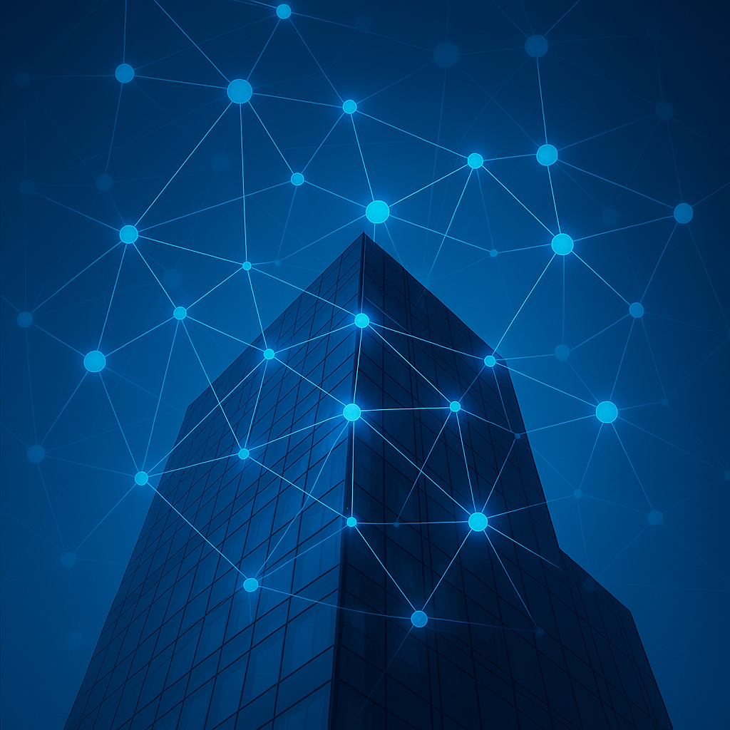 A tall modern skyscraper against a dark blue sky overlaid with a digital network of interconnected blue nodes and lines.
