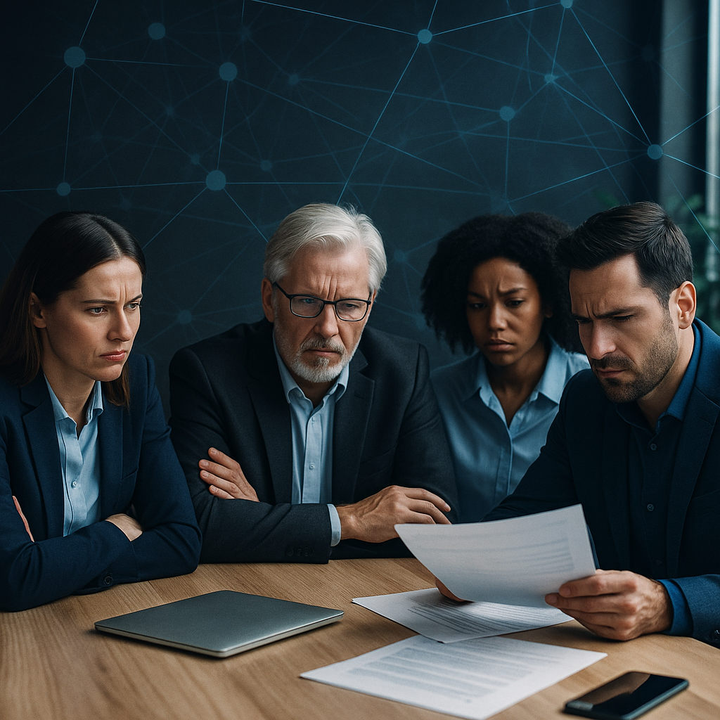 Four business professionals sitting at a table, looking at documents with serious expressions, in front of a dark background with digital network graphics.