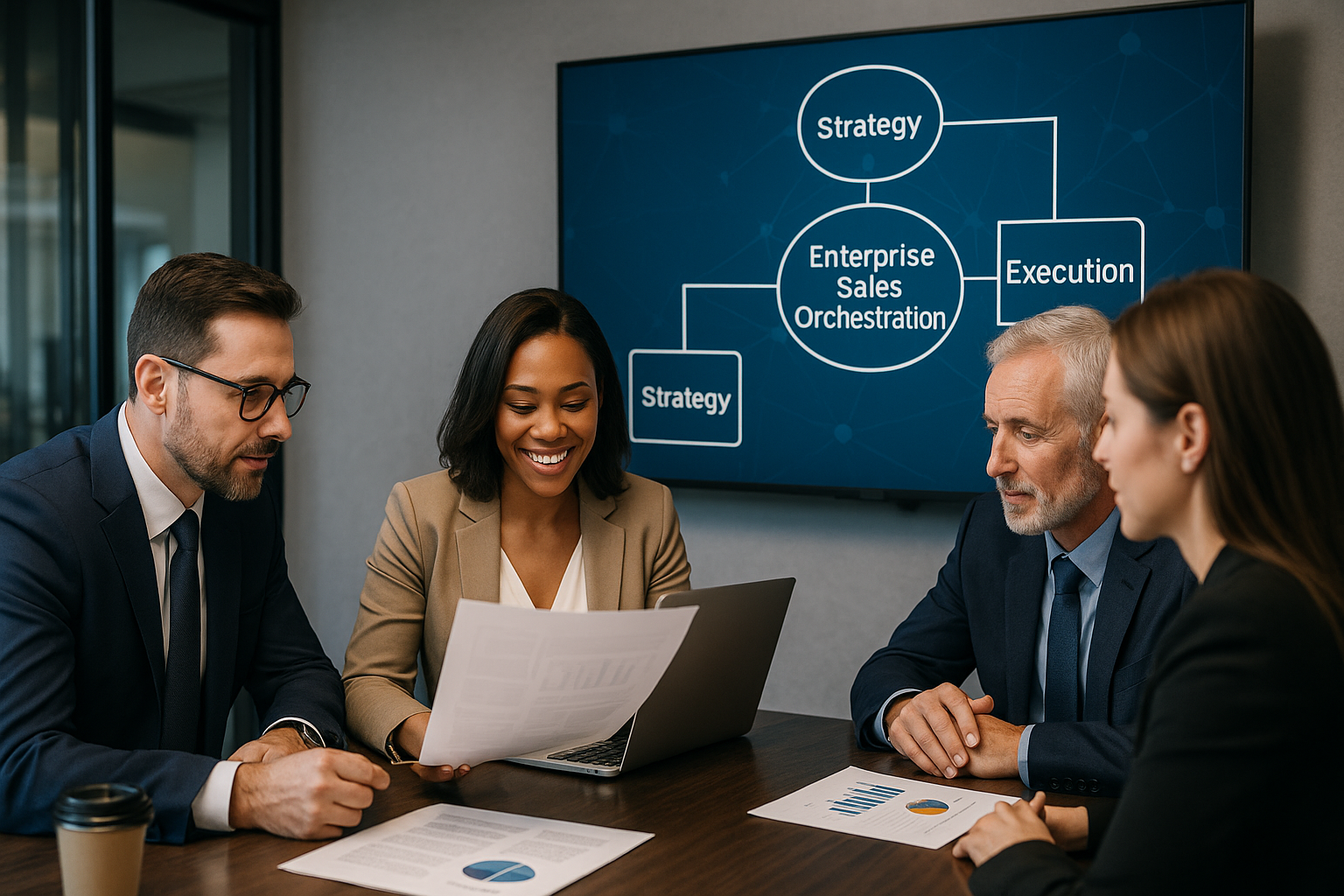 Business team of four people in formal attire discussing around a table with papers and a laptop in a conference room, with a digital screen displaying a flowchart titled 'Enterprise Sales Orchestration' including elements like 'Strategy' and 'Execution'.