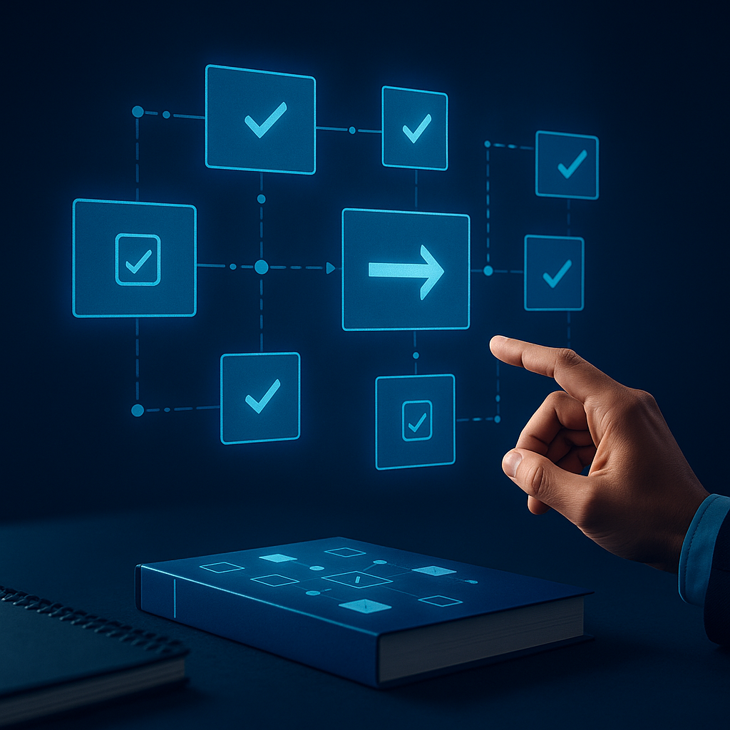 A person interacts with a digital flowchart projected on a screen, featuring checkboxes and arrows indicating a process or decision flow.