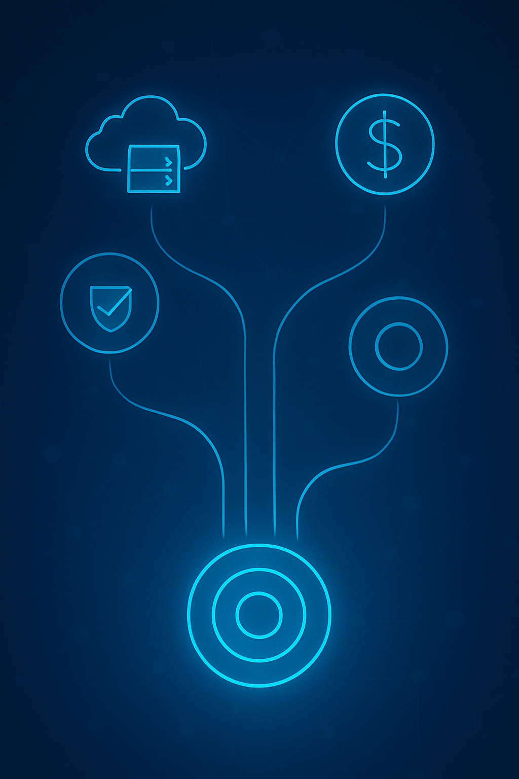 Neon digital illustration with a cloud, dollar sign, shield, circle, and target icons connected by lines, representing cloud computing, security, finance, and goal setting.