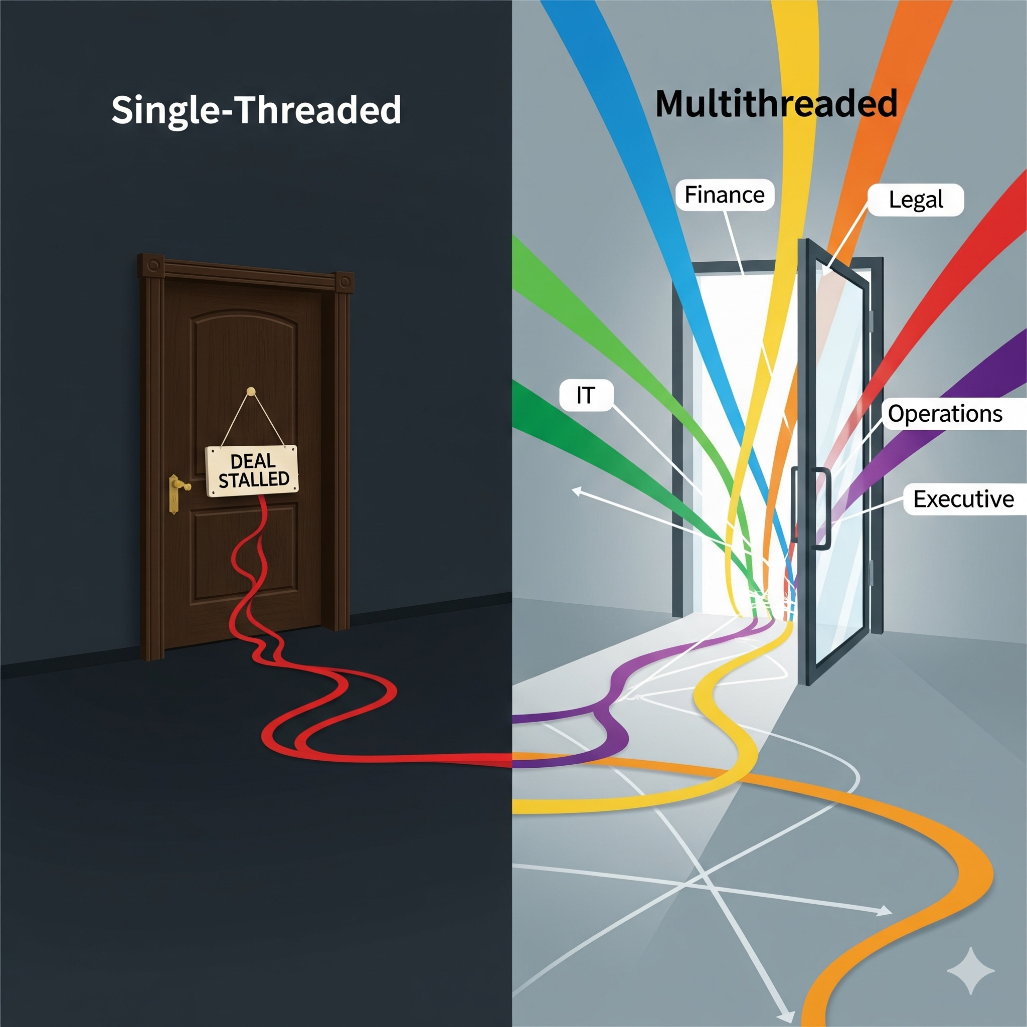Comparison between single-threaded and multi-threaded processes; left side shows a door with a tangled red line and a sign reading 'Deal Stalled', representing single-threaded process; right side shows an open door with multiple colorful lines labeled with various business functions, illustrating multi-threaded process.