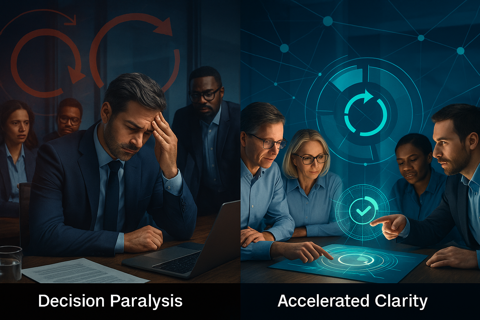 Split image comparing decision paralysis with accelerated clarity: left side shows a stressed man with furrowed brow and hand on forehead in a dark office, indicating decision paralysis; right side shows a group in a well-lit conference room engaging with holographic data and charts, indicating clarity