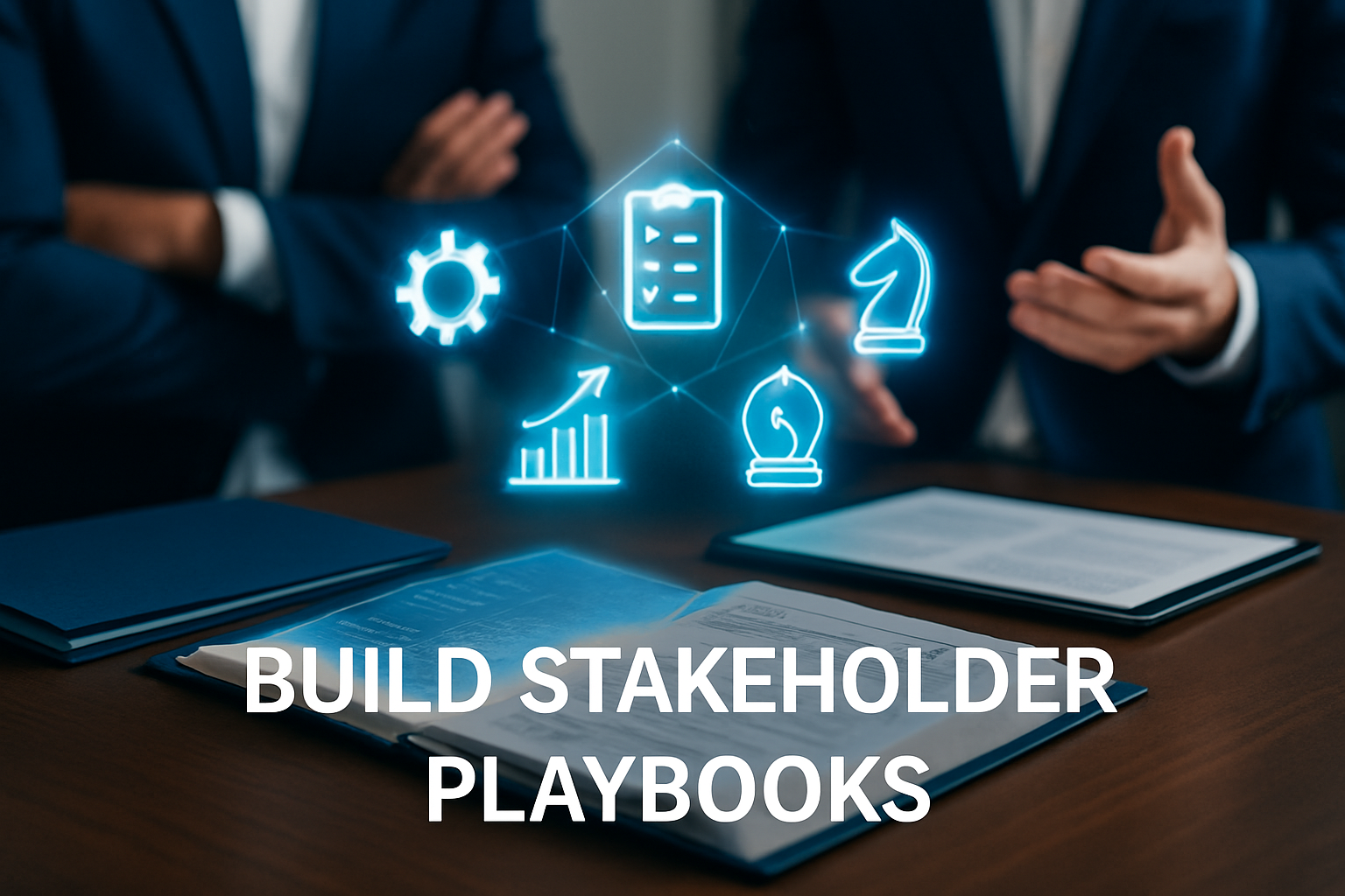 Business professionals discussing strategy with digital icons representing process, progress, and strategy overlaid on the image, with the text 'Build Stakeholder Playbooks' at the bottom.