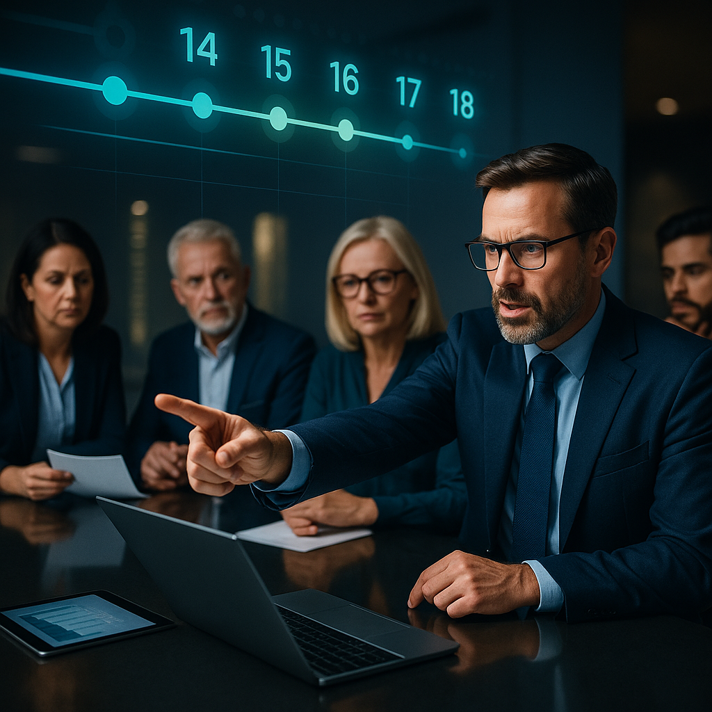Business meeting with five professionals, including a man in glasses pointing at a laptop, with a digital graph showing a downward trend on a screen in the background.