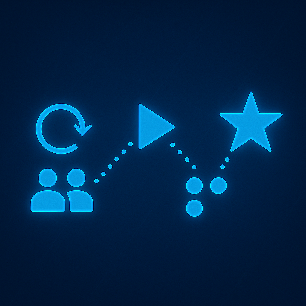 Flowchart with icons of two people, a circular arrow, a play button, and a star, connected by dotted lines, illuminated in blue neon on dark background.